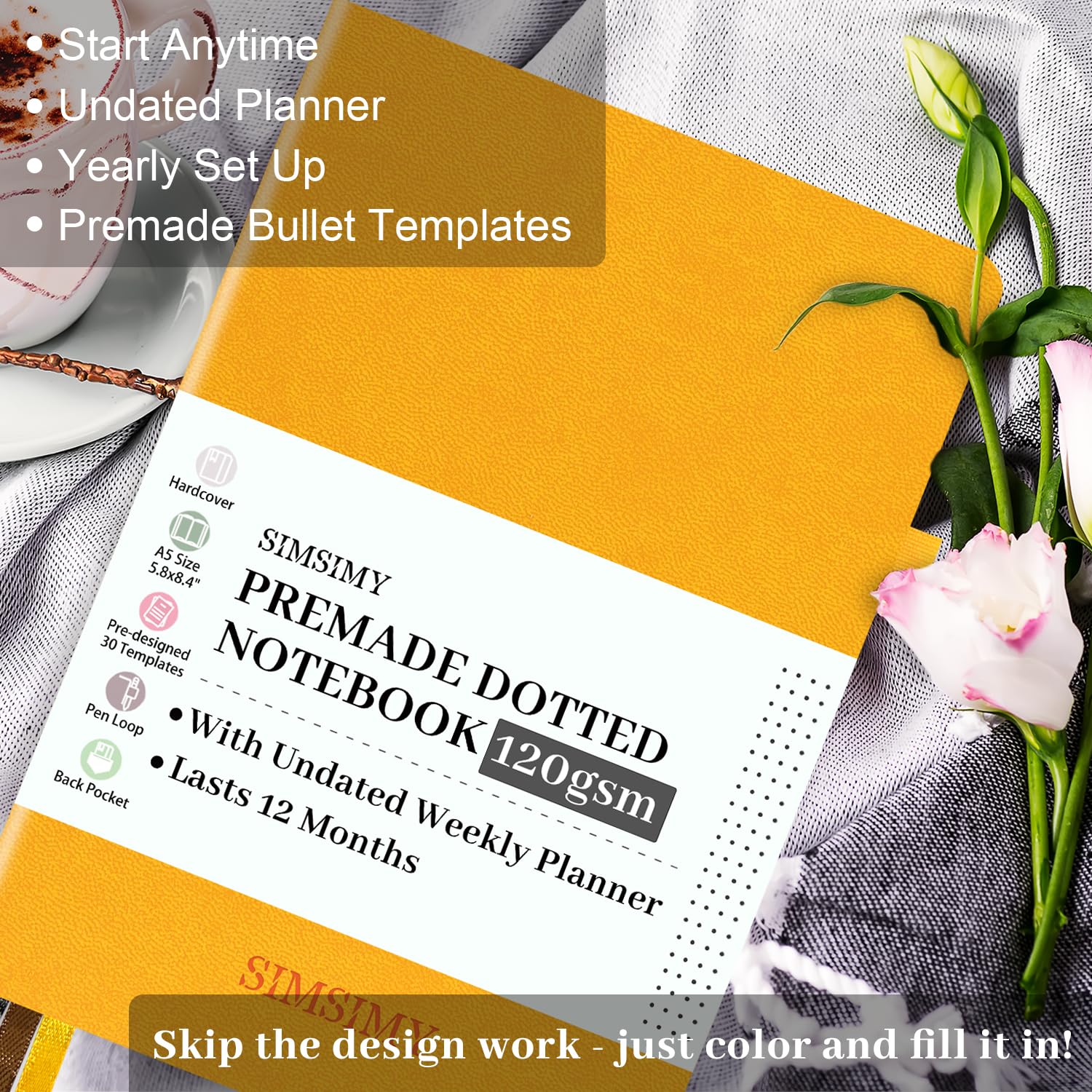 SIMSIMY Vorgefertigtes Bullet Dotted Journal Notizbuch, vorgefertigtes Punktraster Journaling mit undatiertem Wochen- und Monatsplaner, verschiedene Tracker, hält 1 Jahr, A5