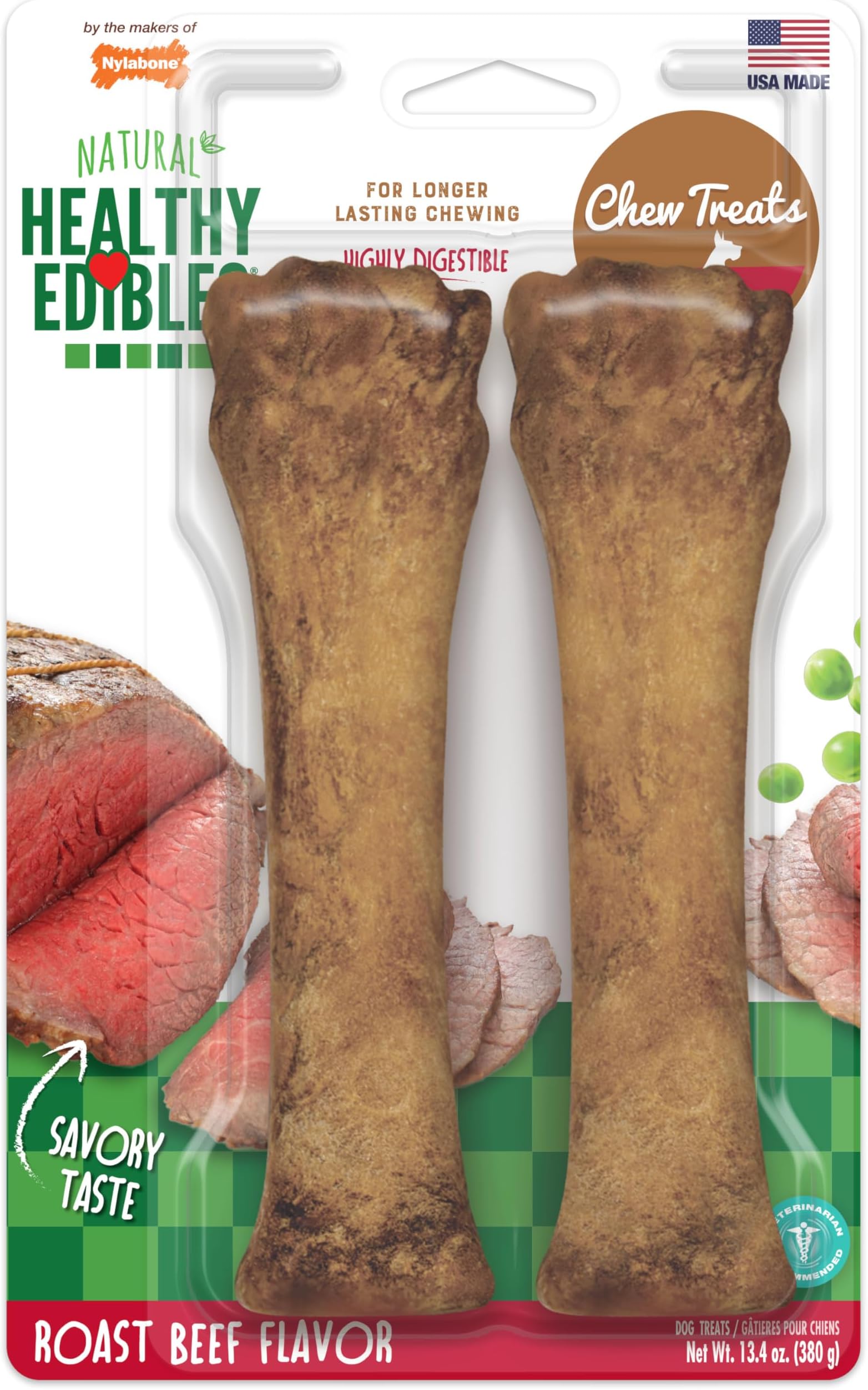 Nylabone Healthy Edibles Roast Beef Flavor Chew Treats for Dog 2 Count Roast Beef X-Large/Souper