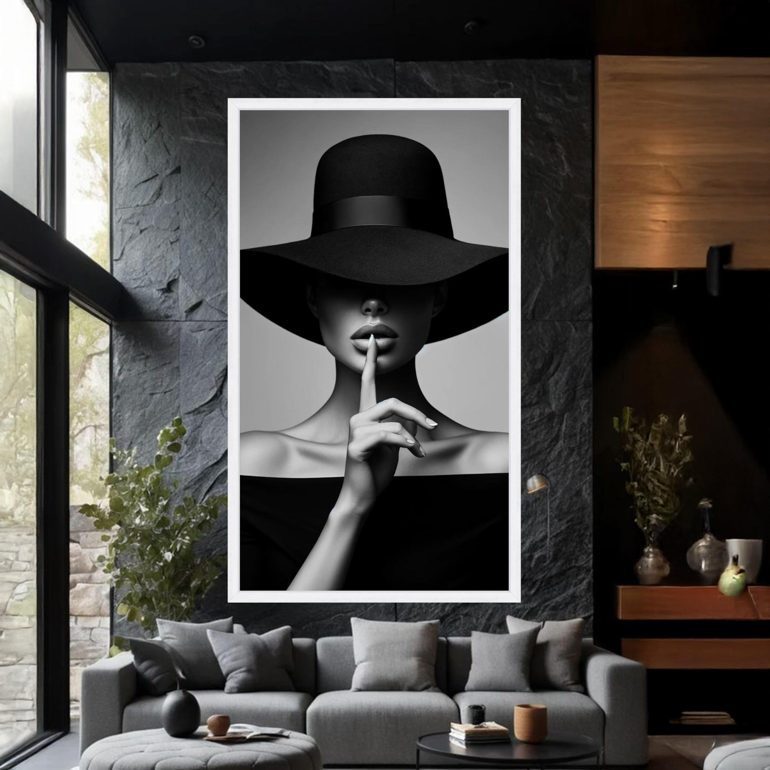 Affiche tableau sur toile femme au chapeau noir, portrait moderne 55x100 - 8
