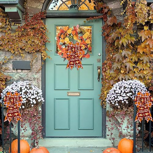 Miniatura 9 de Threetols 2 lazos de corona de otoño, lazos de calabaza naranja para corona, lazos rústicos de otoño para puerta delantera, hojas de cosecha, lazos