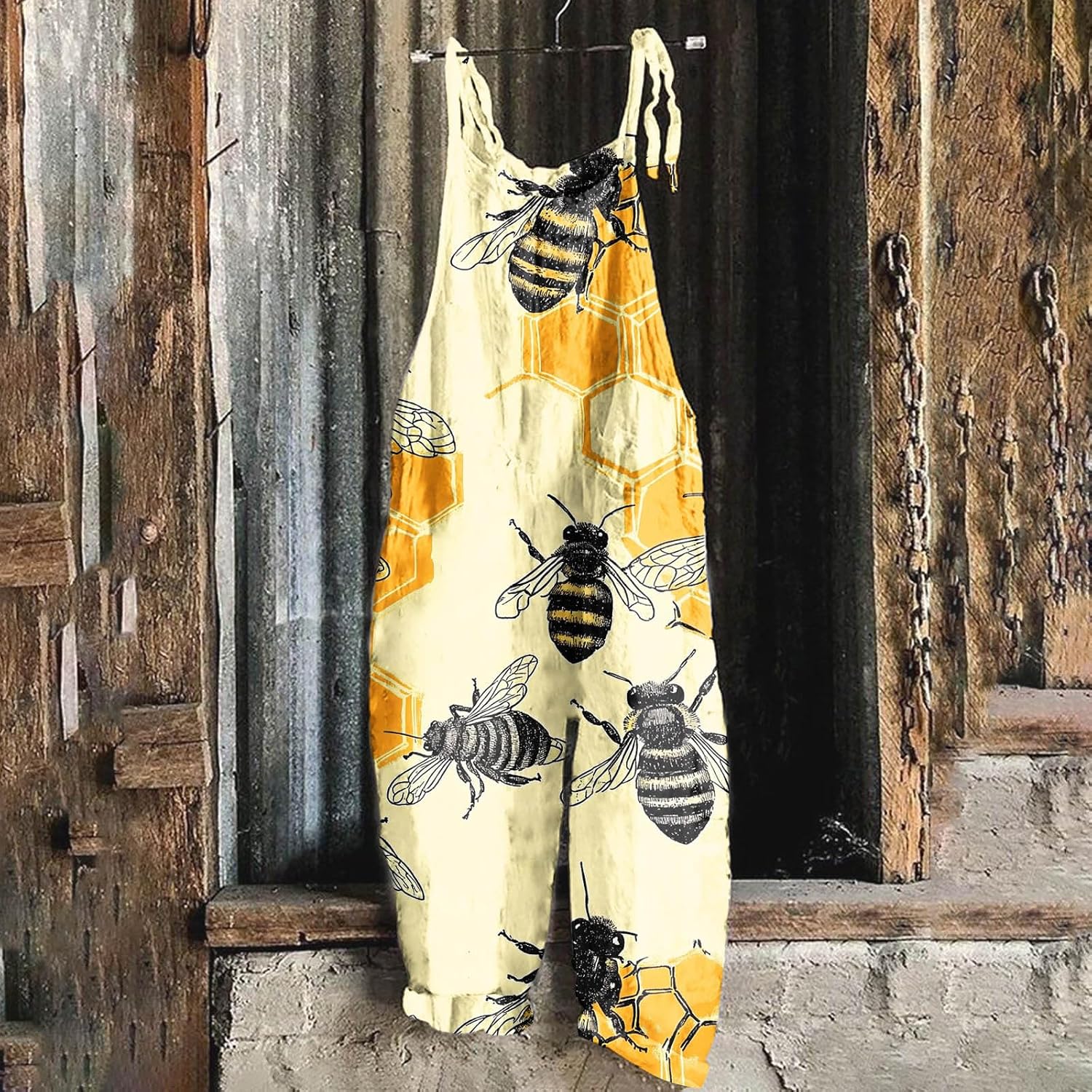 Women's Bib Jumpsuits Fashion Bee Festival Stiped Printed Sleeveless Loose Comfy Spaghetti Straps Romper Overalls