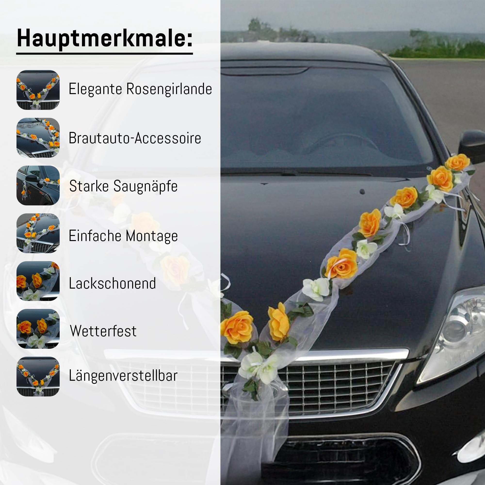 Autoschmuck Guirlande de roses pour voiture, Décoration de mariage Rose Orchidee Gelb/Weiß