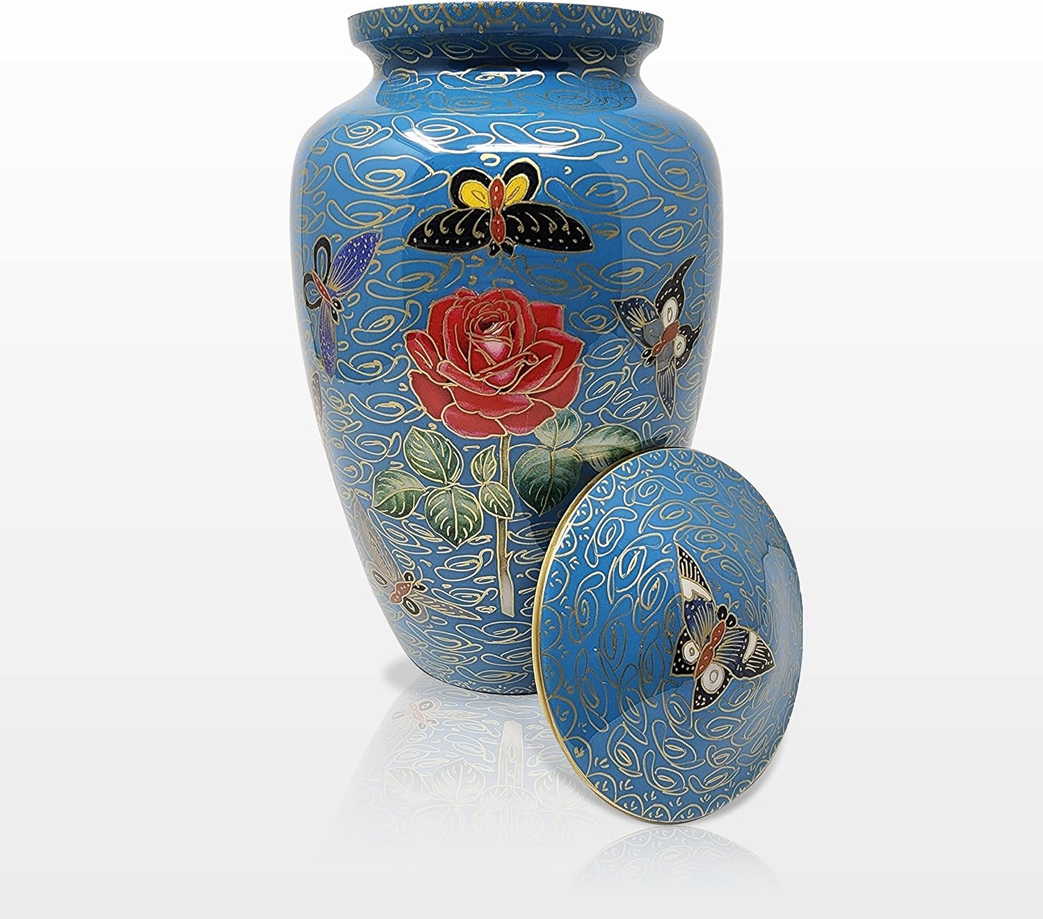 Butterflies on Rose Floral Cremation Urn - 100% Handcrafted Adult Funeral Urn - Solid Affordable Large Urn for Human Ashes, (Blue)