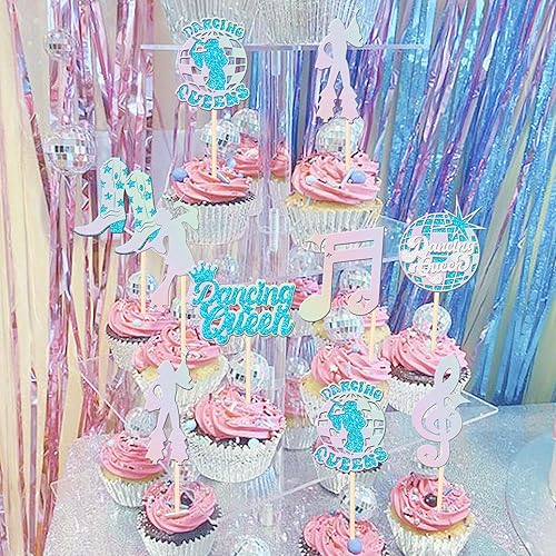 Miniatura 7 de 24 piezas de decoración de cupcakes de reina bailarina con brillantina, bola de discoteca, notas musicales, cantante, baile, cupcakes, temática de