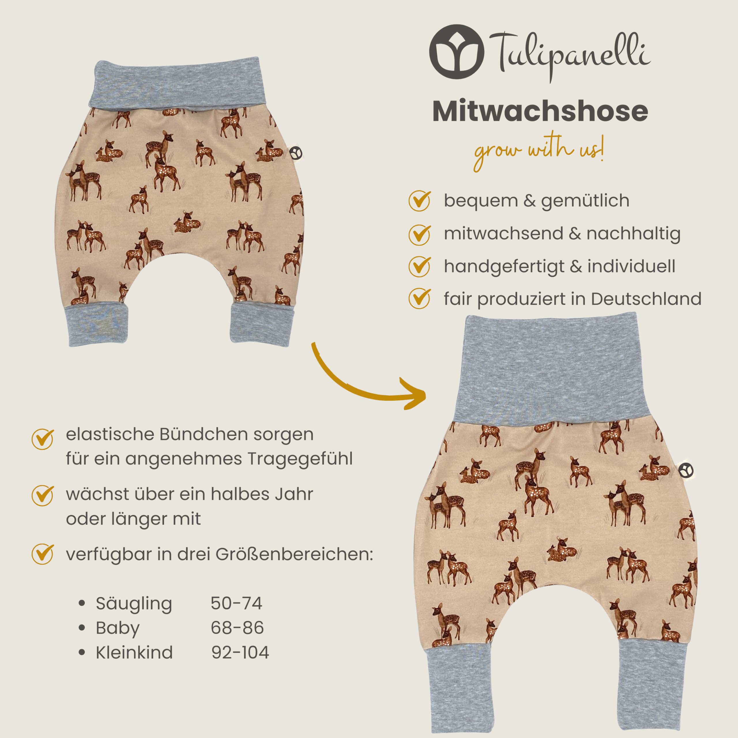 Tulipanelli Baby Pumphose Babyhose Mädchen - Handgefertigte Mitwachshose aus Baumwoll-Jersey - Größen 50-74 | 68-86 | 92-104