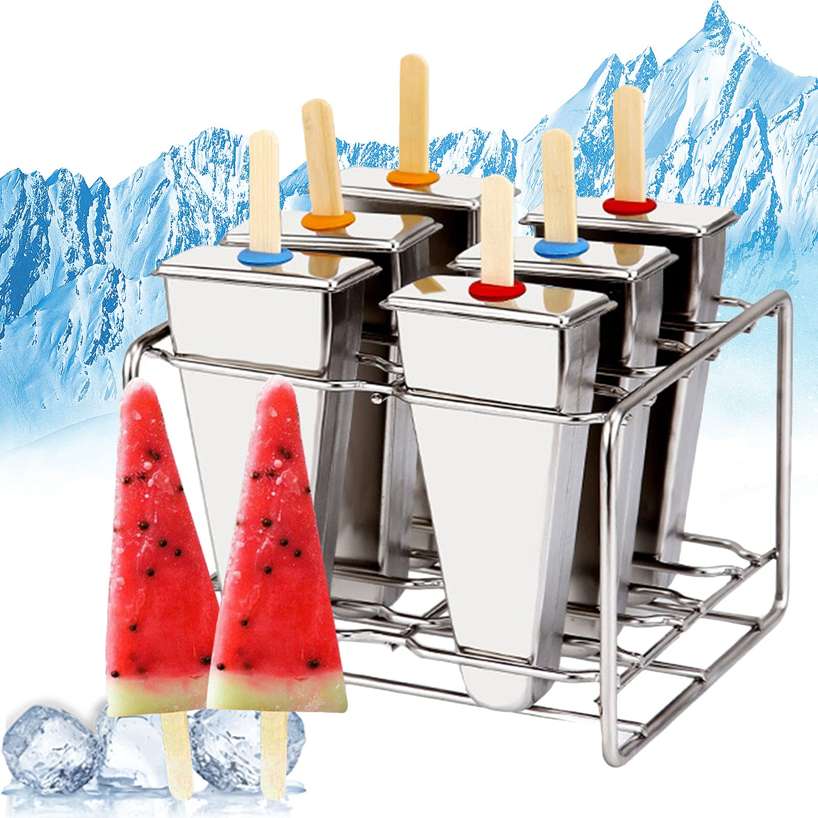 Stieleis Edelstahl, Eisformen EIS am Stiel Edelstahl, EIS Formen Fuer Stieleis Edelstahl, 6er Set Edelstahl Eisform Eckig mit Ständer und Bambussticks Eisstiehlform Eisstiel Form