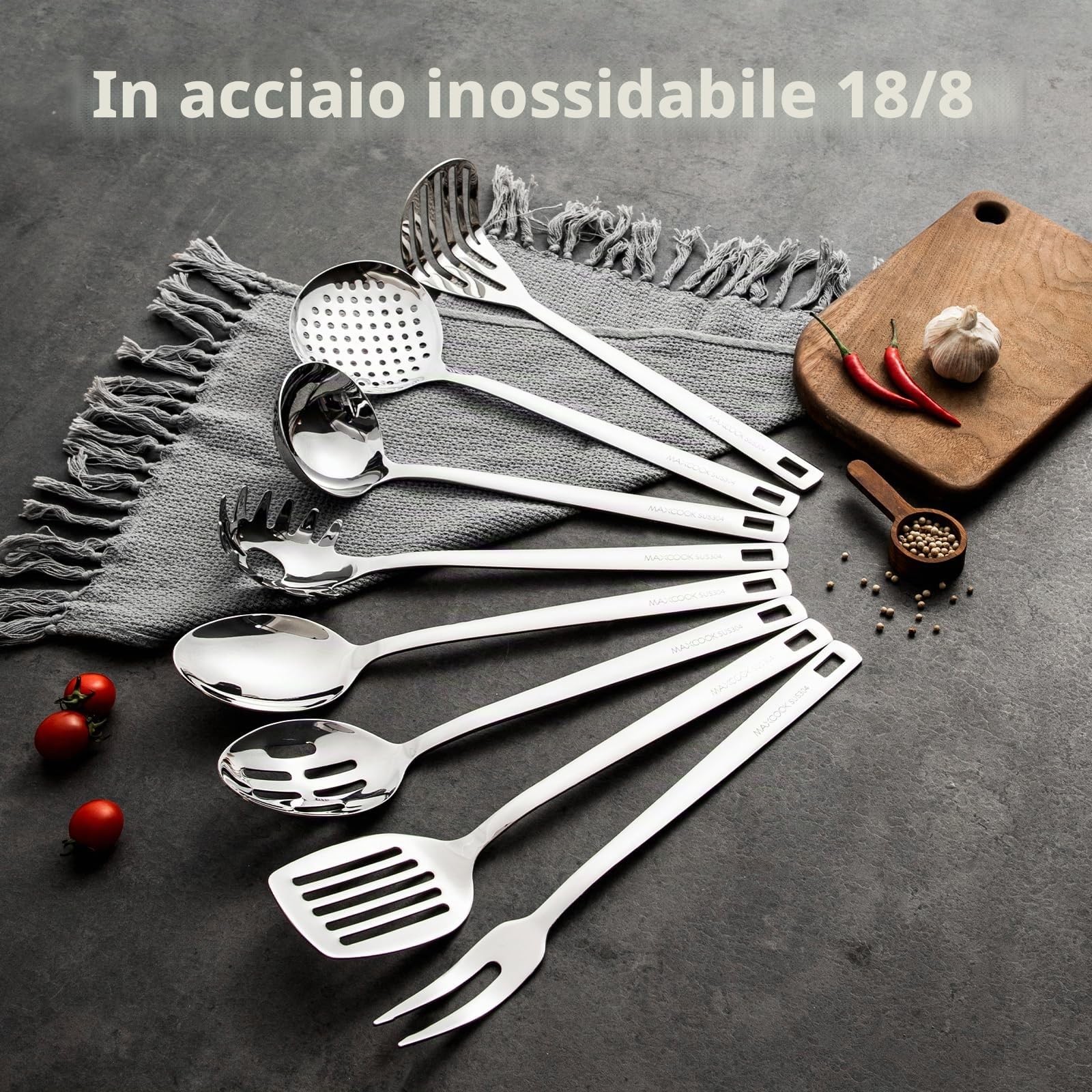 Set di 8 utensili da cucina, in acciaio inox 18/8, set di utensili da cucina, cucchiaio in schiuma durevole, mestolo per cucina (lavabile in lavastoviglie)