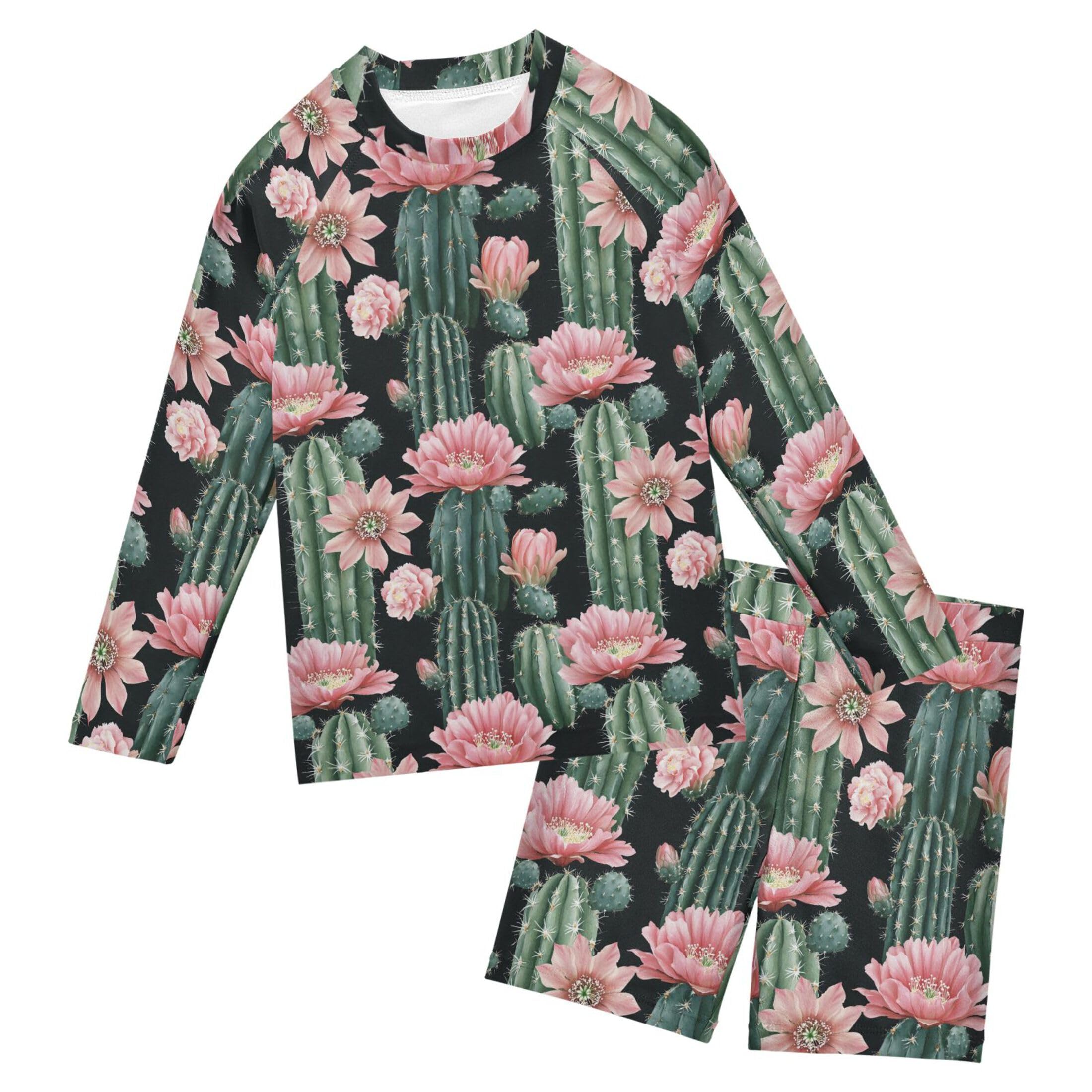 Cactus Flower Boys Rash Guard Swimsuits Set for Boys Long Sleeve Swim Shirts Bathing Suits with Trunks B0403980