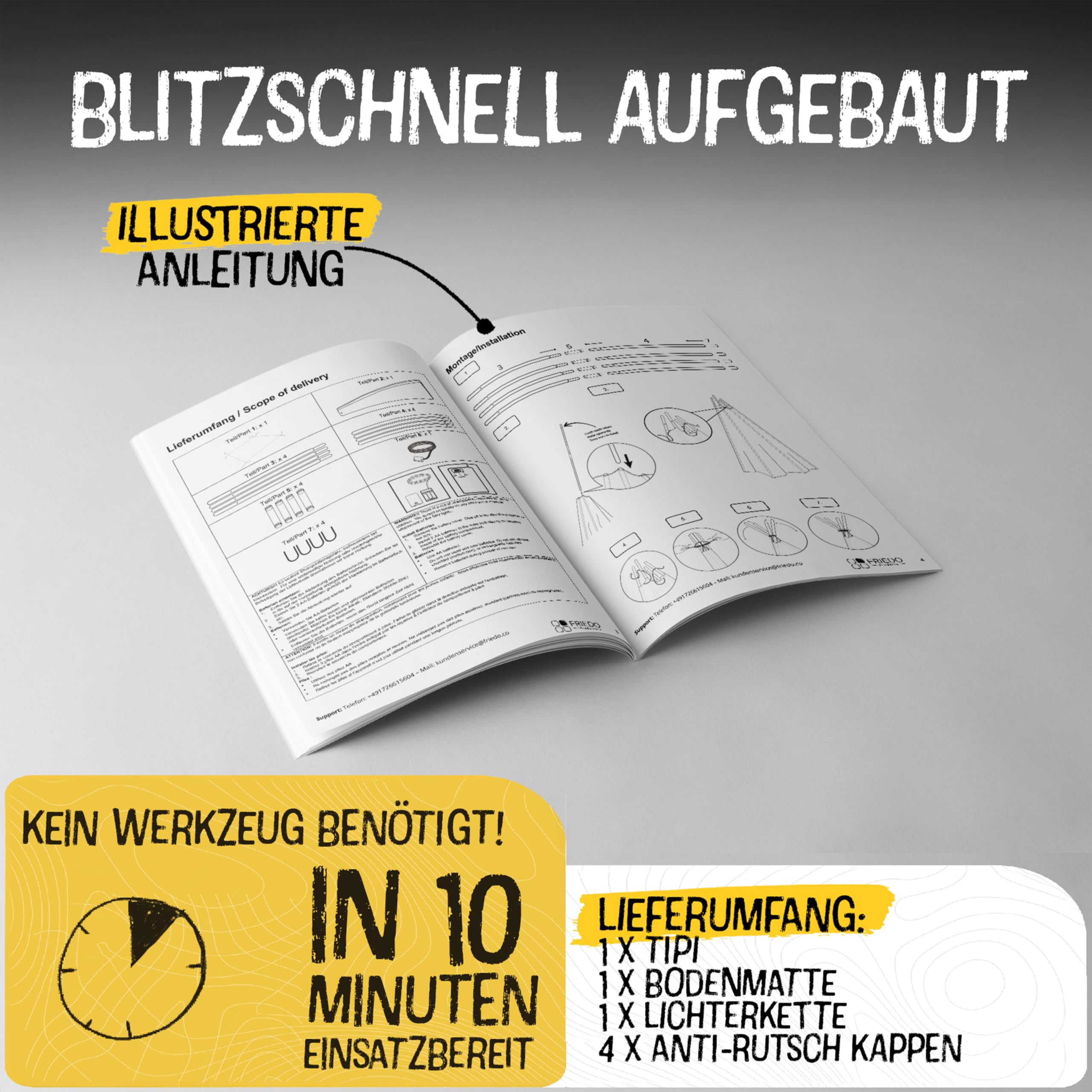 FRIEDO Tipi Zelt für Kinder inkl. Bodenmatte und Stabiler Holzstangen I OEKO-TEX100 zertifiziertes Baumwoll Tippi Kinderzelt Indoor und Outdoor nutzbar I Spielzelt für drinnen z.B. Kinderzimmer