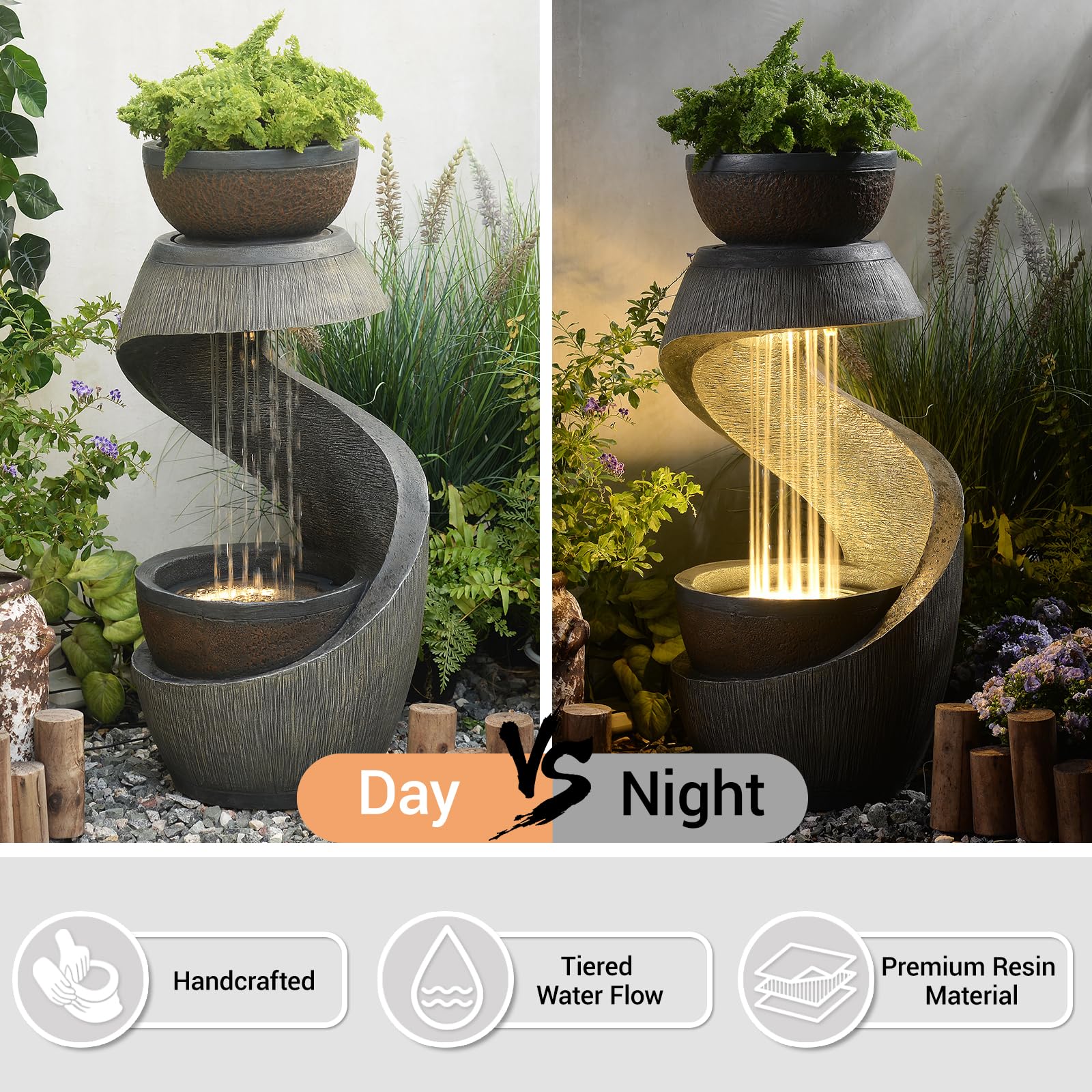 Bumilgar Gartenbrunnen Brunnen Zierbrunnen Zimmerbrunnen Brunnen Springbrunnen mit LED-Licht Wasserfall Wasserspiel für Garten,Balkon,Terrasse, 82 cm