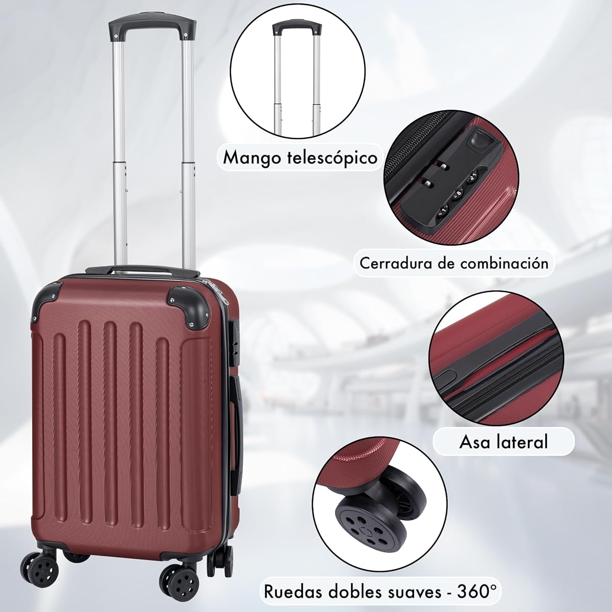 Maleta de Cabina rígida Ligera de ABS con Ruedas Dobles 360°, Tirador telescópico y Asas reforzadas | Equipaje de Mano Compacto y Resistente con Interior Forrado y Compartimentos organizadores — view 5