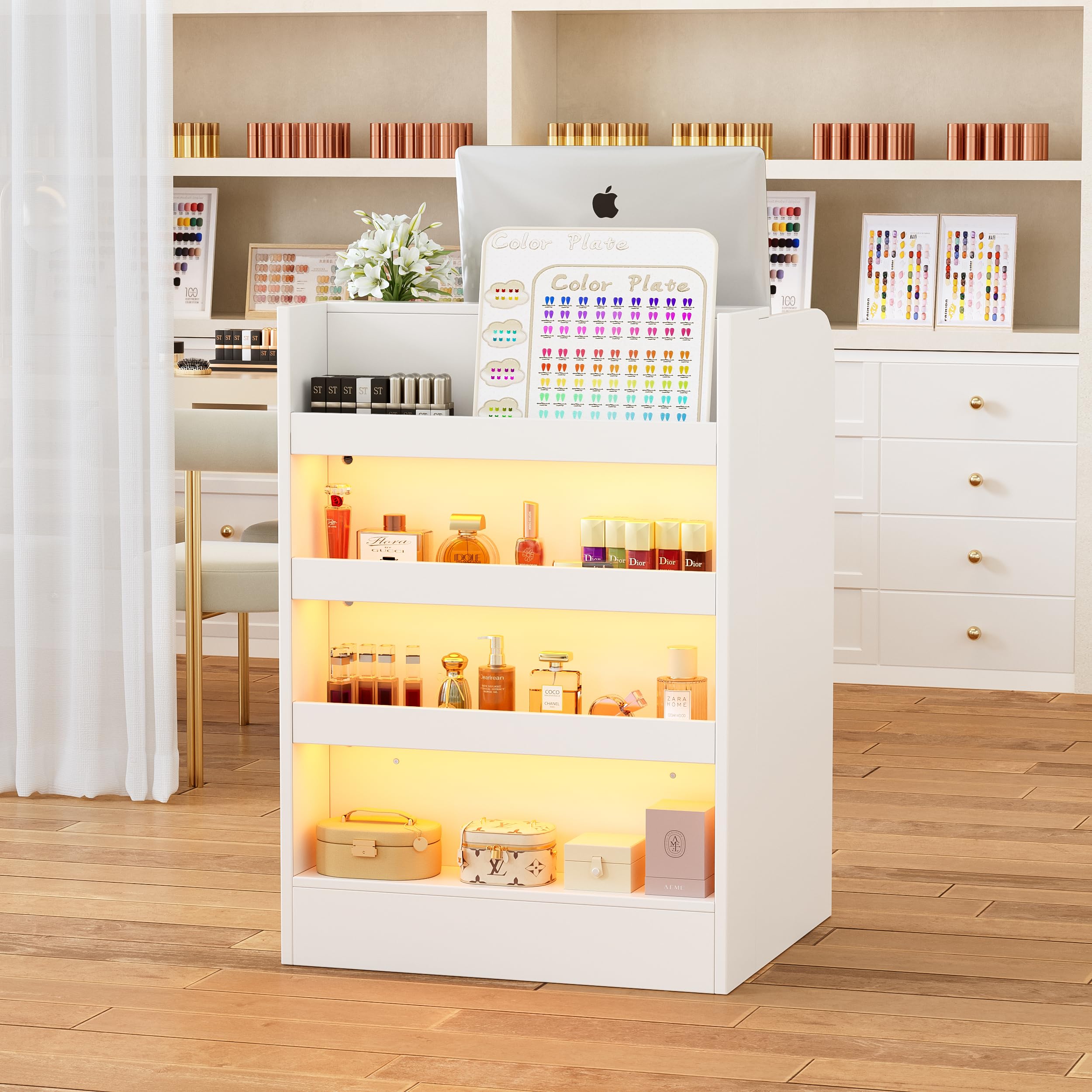 Mostrador de Recepción con Iluminación LED y Estante Expositor, Mesa de Mostrador con Cerradura y 4 Estantes, Pequeño Mostrador de Recepción para Oficina, Tienda, Salón, 95 x 60 x 60 cm, Blanco