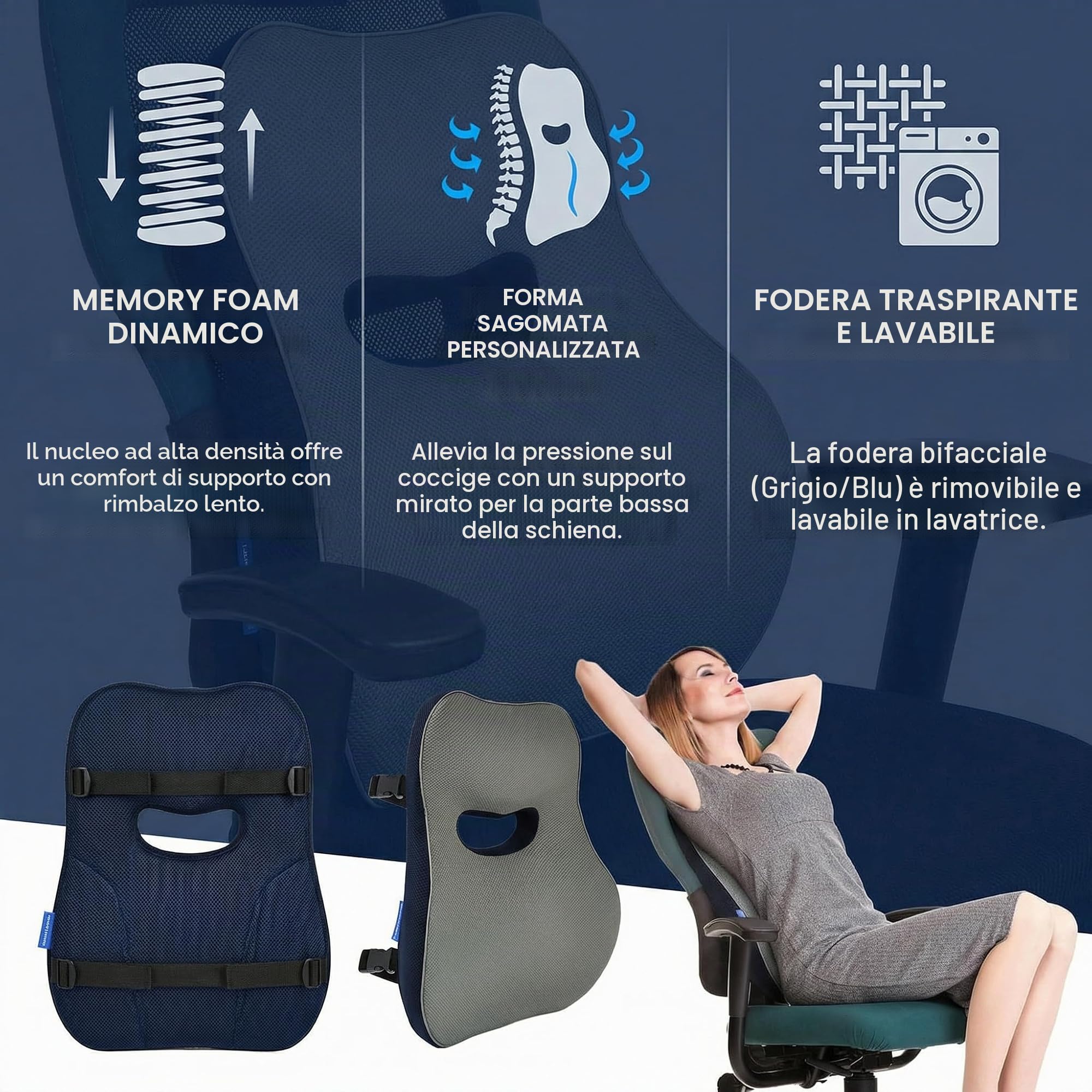 Cuscino Lombare Ergonomico Cuscino di Supporto Lombare per Sedia da Ufficio | con Cinghia Regolabile, Supporto Lombare in Memory Foam, Cuscino Lombare Sedia Ufficio Fodera Rimovibile, Casa, Auto