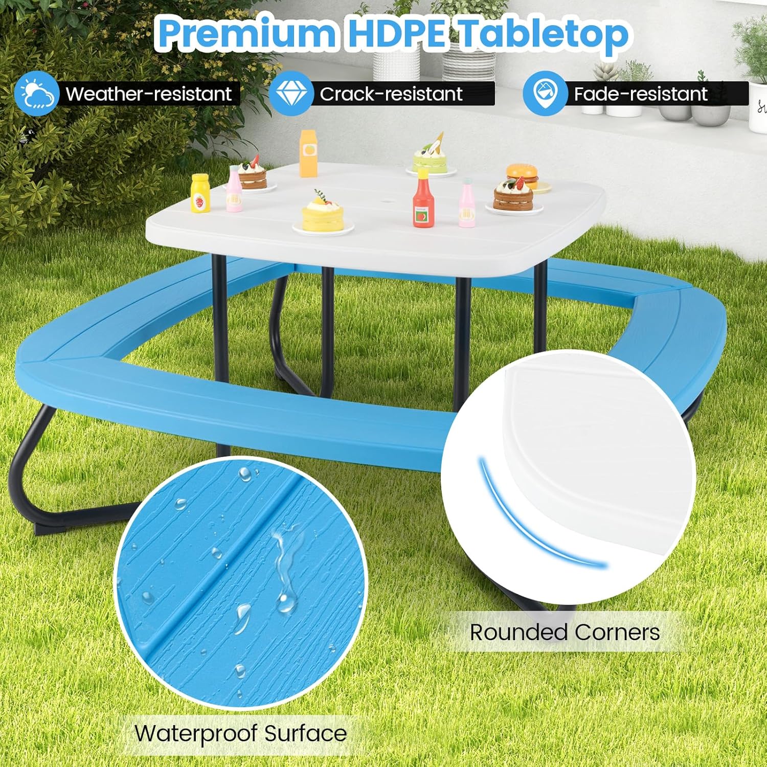 Costzon Kids Picnic Table, 8 Person Kids Outdoor Table and Chairs with Foldable & Adjustable Umbrella, 4 Built-in Benches, Toddler Outdoor Furniture for Backyard, Patio, Garden (Blue)