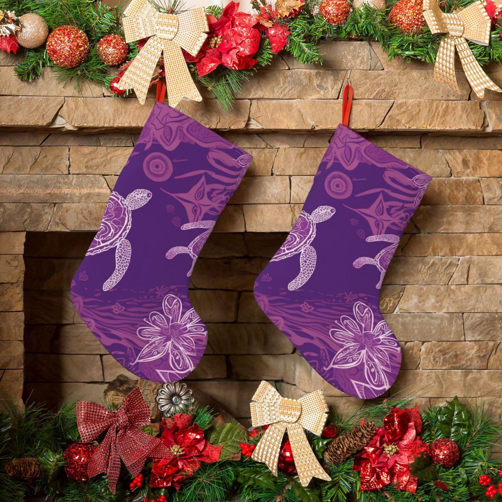 KLOPH Christmas Stockings 18" Personalized Xmas Stocking Hawaii with Purple sea Turtle Decoration Stockings Hanging Ornaments Fireplace Stocking for Holiday Xmas Tree Christmas Decor
