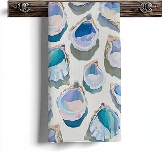 Blue Coastal Beach Oyster Shell Kitchen Towels Dishcloth, Summer Preppy Beach Decorative Hand Towels for Bathroom, Blue Pastel Ocean Nautical Drying Dish Towel 16x24 inch