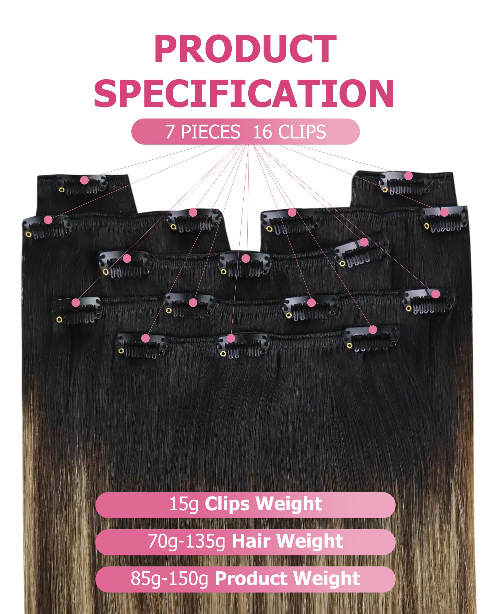 YoungSee Extension Cheveux Naturel Clip Noir Ombre Blond Extension Cheveux Clip Humain 7pcs 50cm Rajout Clips Naturel Noir à Brun Fonce Balayage Blond 20 Pouces 120g /1B/4/27 20 Pouces