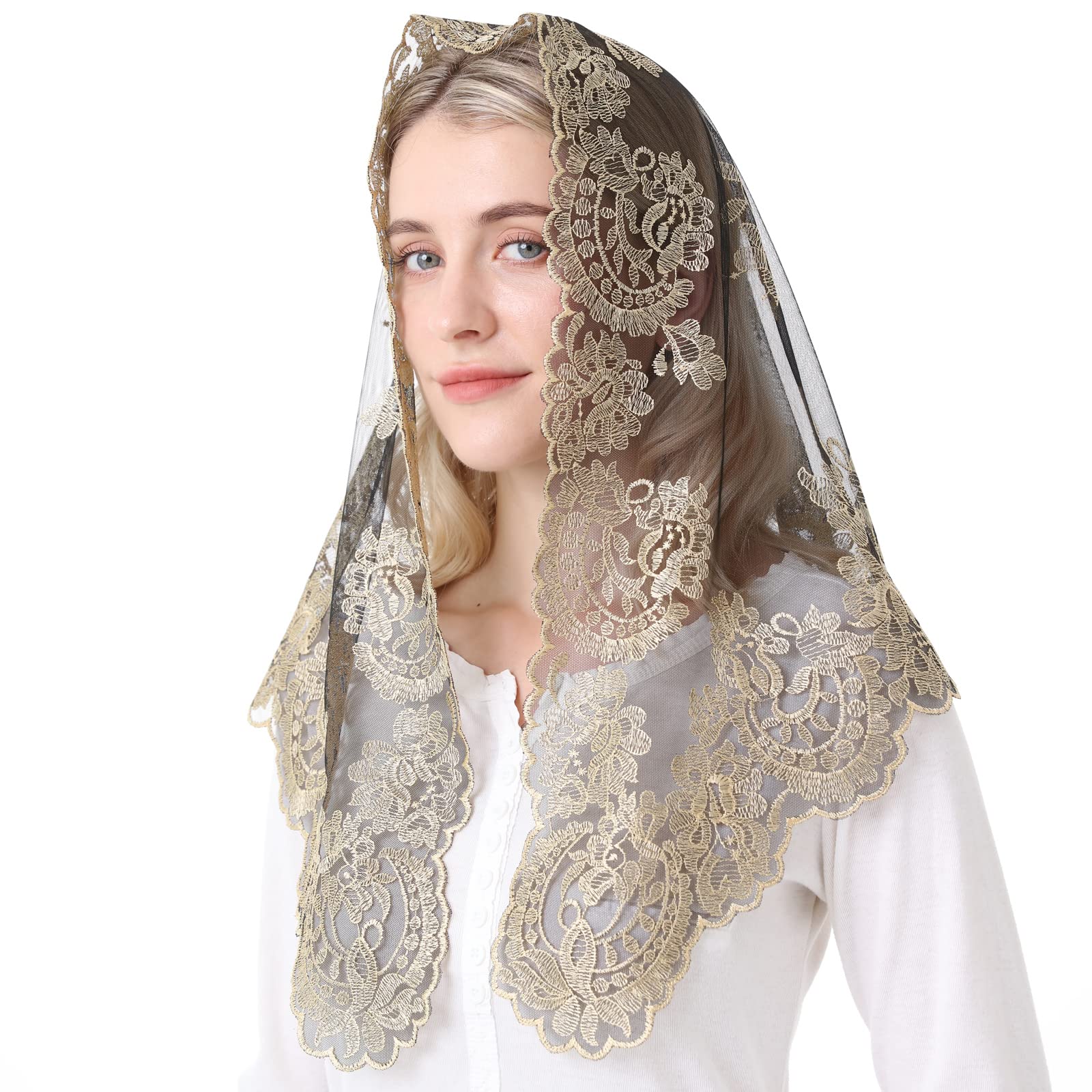 Triangular Mantilla Lace veils Head Covering Mass Catholic Church Veils, Gold&black