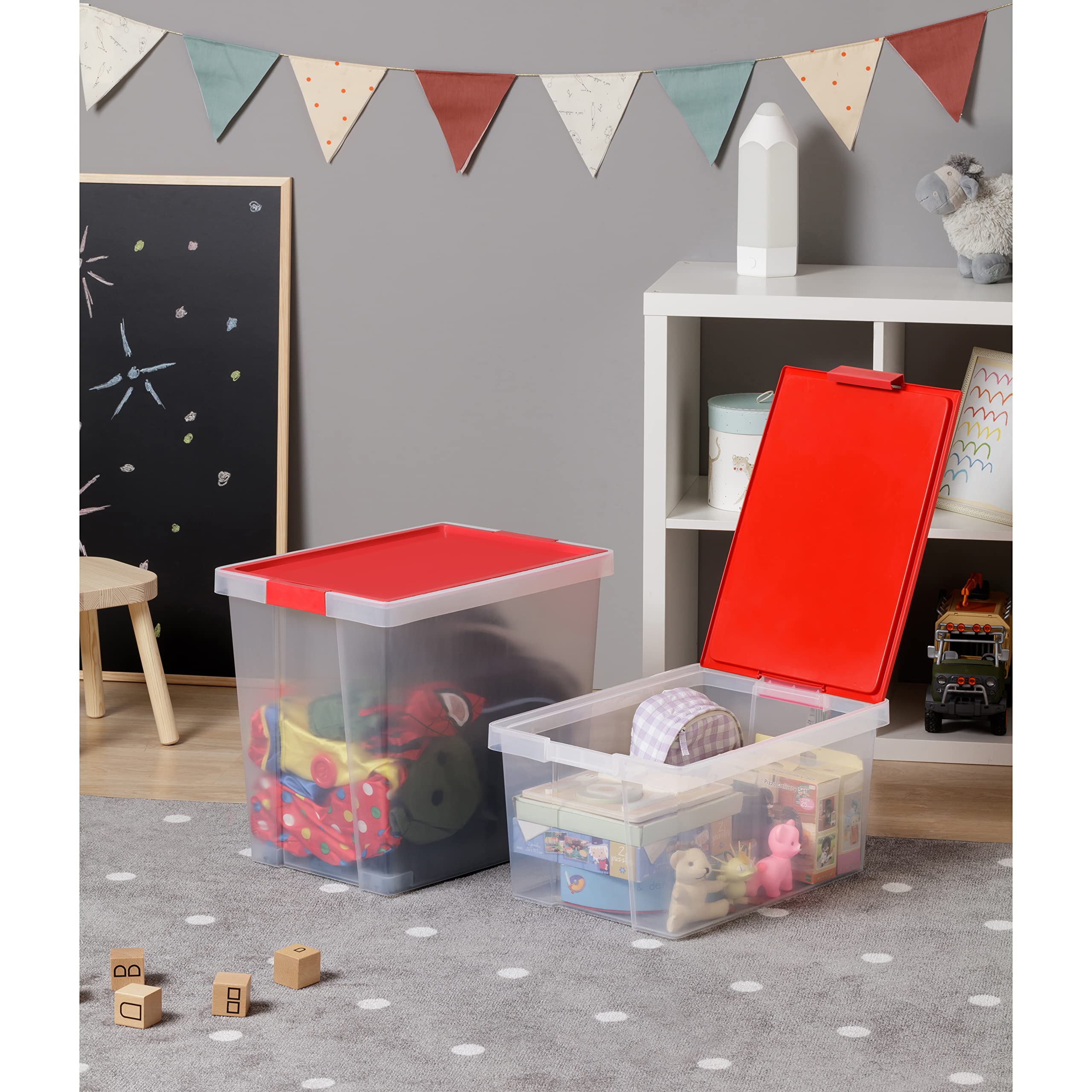 Tatay Lote 3 Cajas De Almacenaje con Tapa, 2 X 35L, 1 X 60L, con Asas, Tapa 100% Materiales Reciclados, Libre De Bpa, Rojo, Medidas 37 X 50.5 X 48.7 Cm