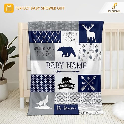 Miniatura 50 de FLOCHIL Personalized Baby Blankets, Custom Baby Blanket - Baby Blanket with Name for Boys, Best Gift for Newborn Elephants Flush Fleece (30x40)