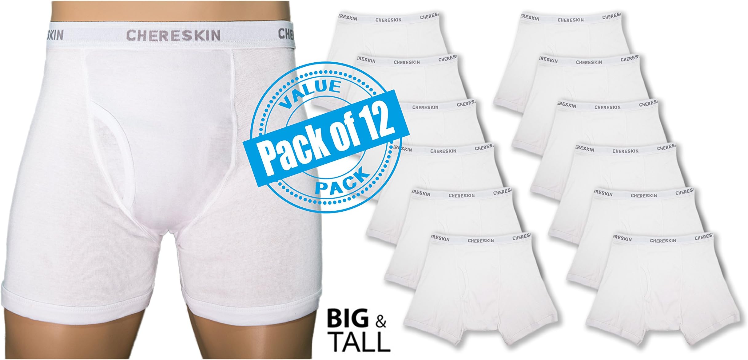 CHERESKIN Men's Big Man 12 Pack Cotton Boxer Brief Trunks (2XL /(46-48), 12PK-White)