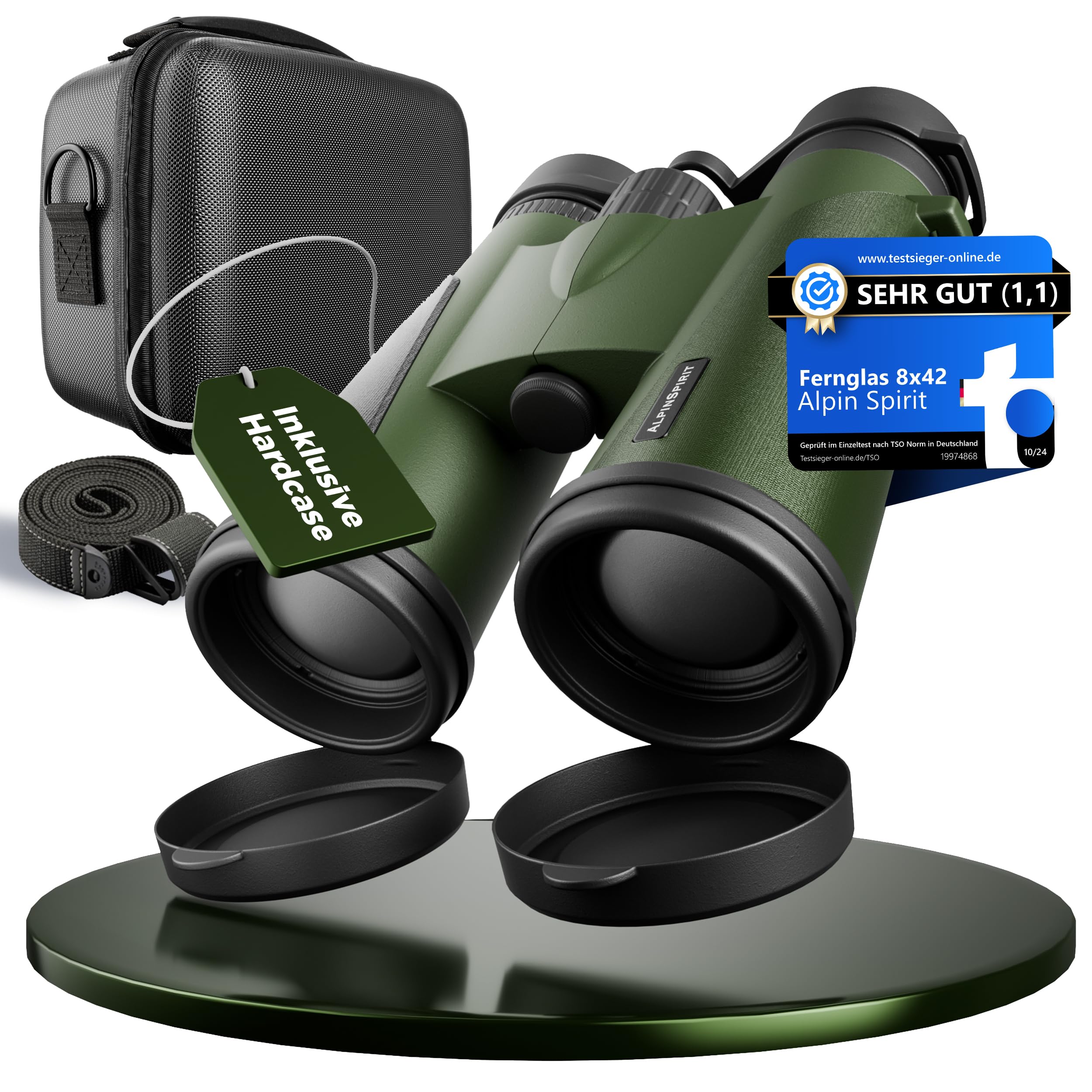 Fernglas 8x42 inkl. Hardcase & Zubehör (Testsieger) – geeignet für Brillenträger - kompaktes & leichtes Fernglas - wasserabweisend,FMC Linse+BAK4, Binocular für Kinder & Erwachsene(grün)