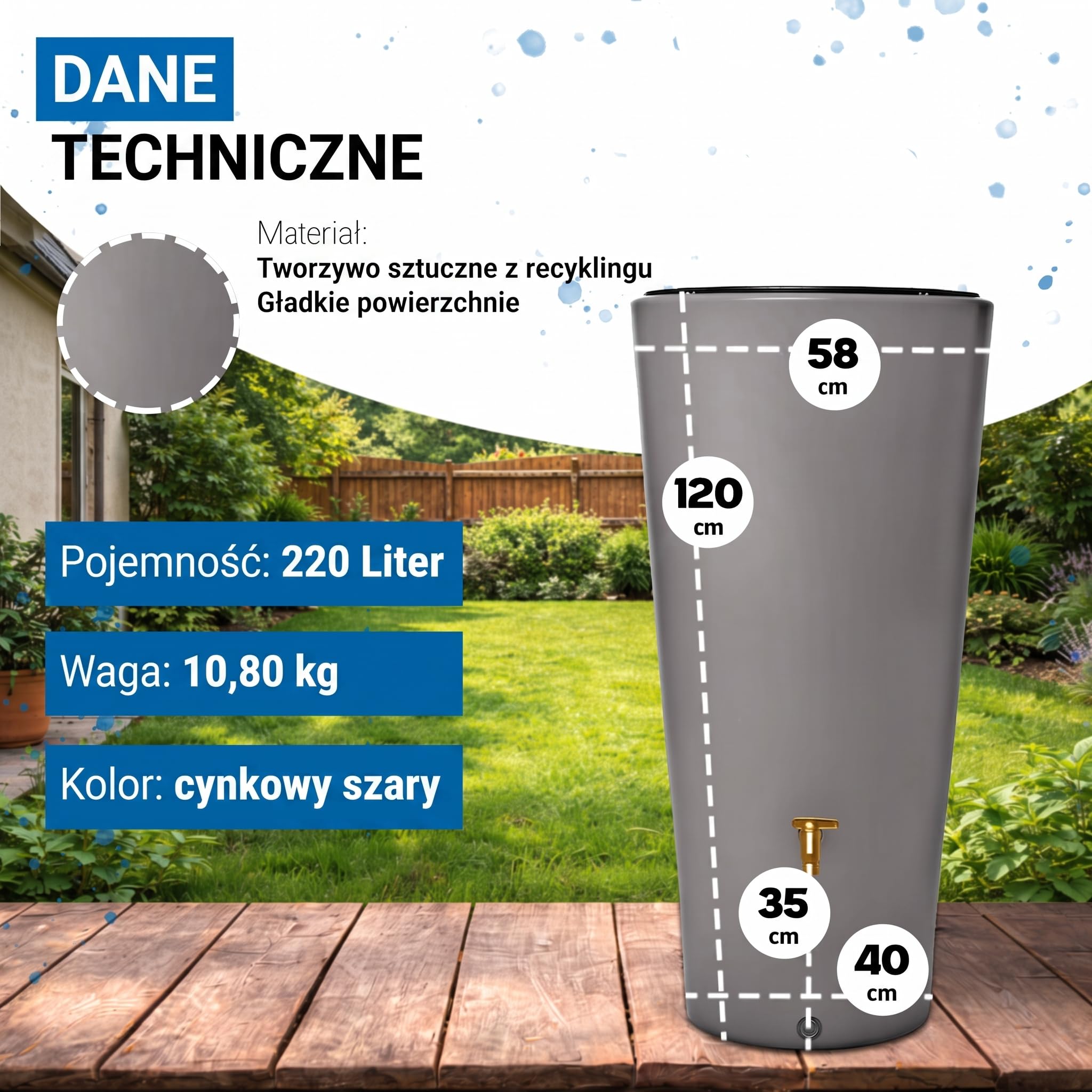 4rain VASO 2w1 zbiornik na deszczówkę 220 l, szary cynkowy, z kranem | spustowym z tworzywa sztucznego i przyłączem do rury spustowej