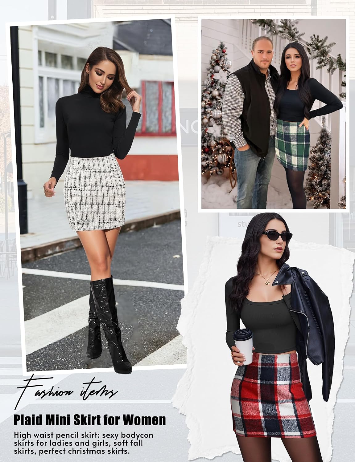 Plaid Skirts for Women, Pencil Mini Skirts for Women High Waist Bodycon Christmas Holiday Fall Winter Skirts 2026 Trendy