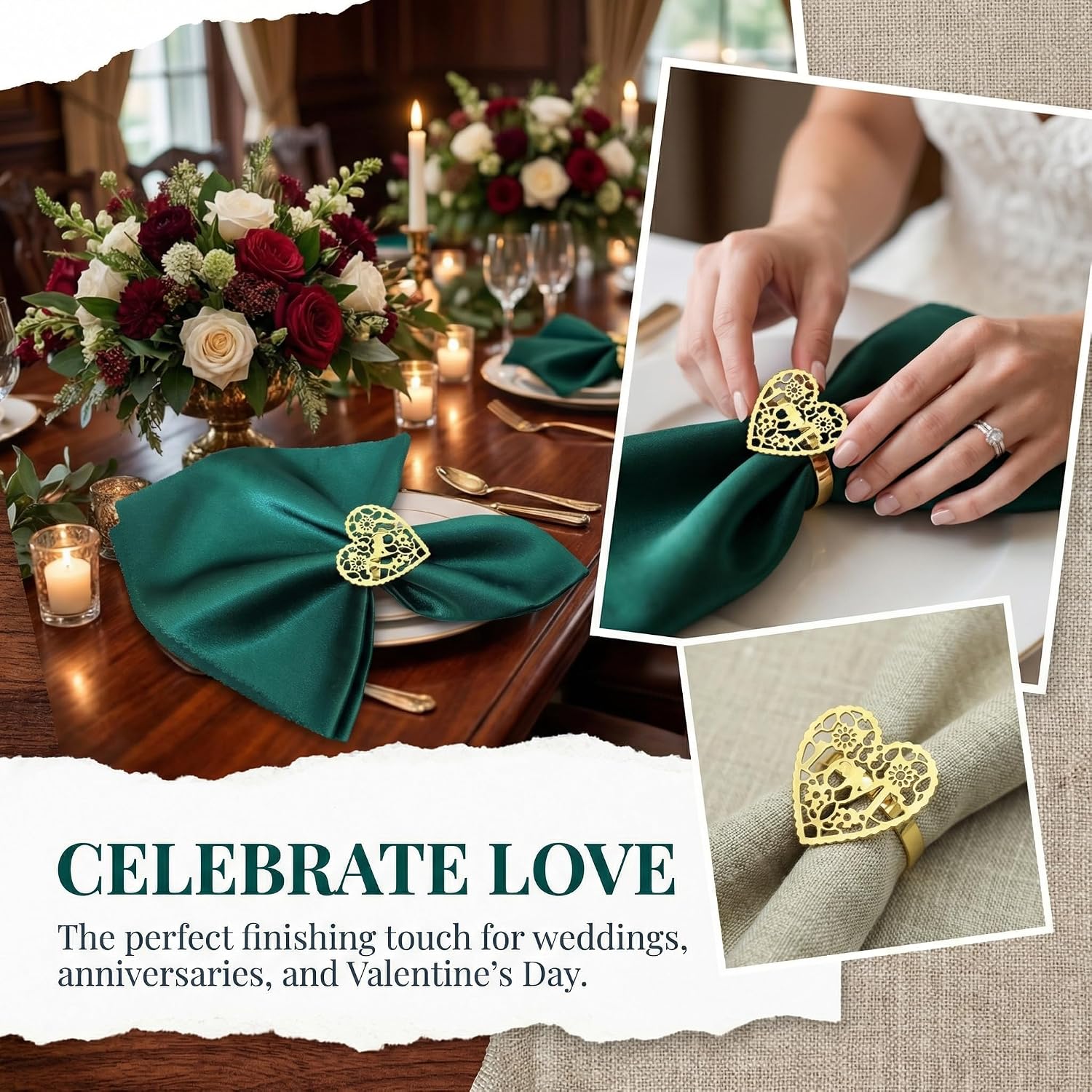 6pcs Napkin Rings,Heart Golden Hollow-Out Heart-Shaped Napkin Holders Table Decorations Implies Eternity for Valentine's Day Wedding Anniversary Family Party Table Decoration
