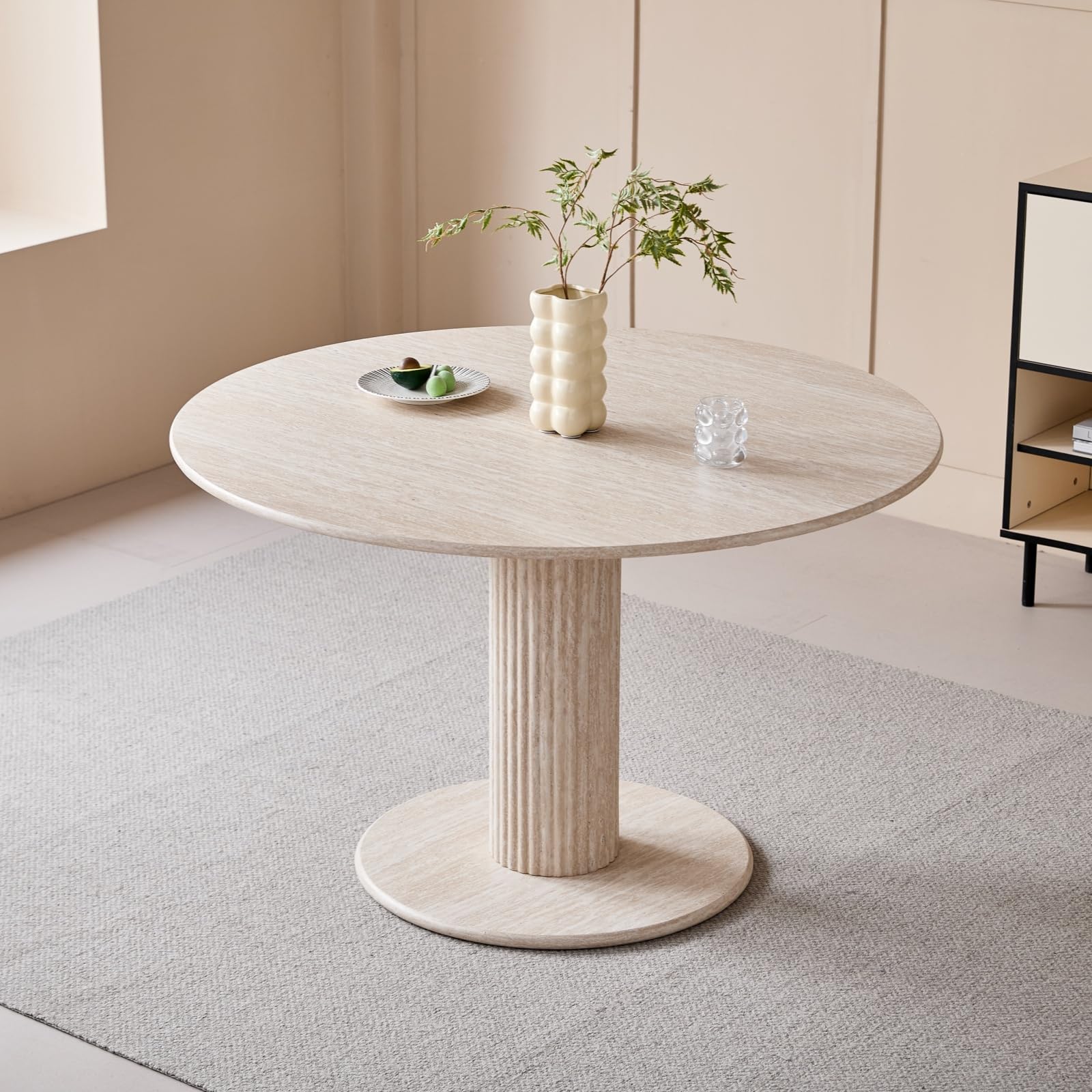 Table à Manger Ronde, Pieds Cylindriques, Aspect Marbre, Design Minimaliste Moderne, pour Salon ou Cuisine, 115 x 115 x 75 cm - Travertin Jaune