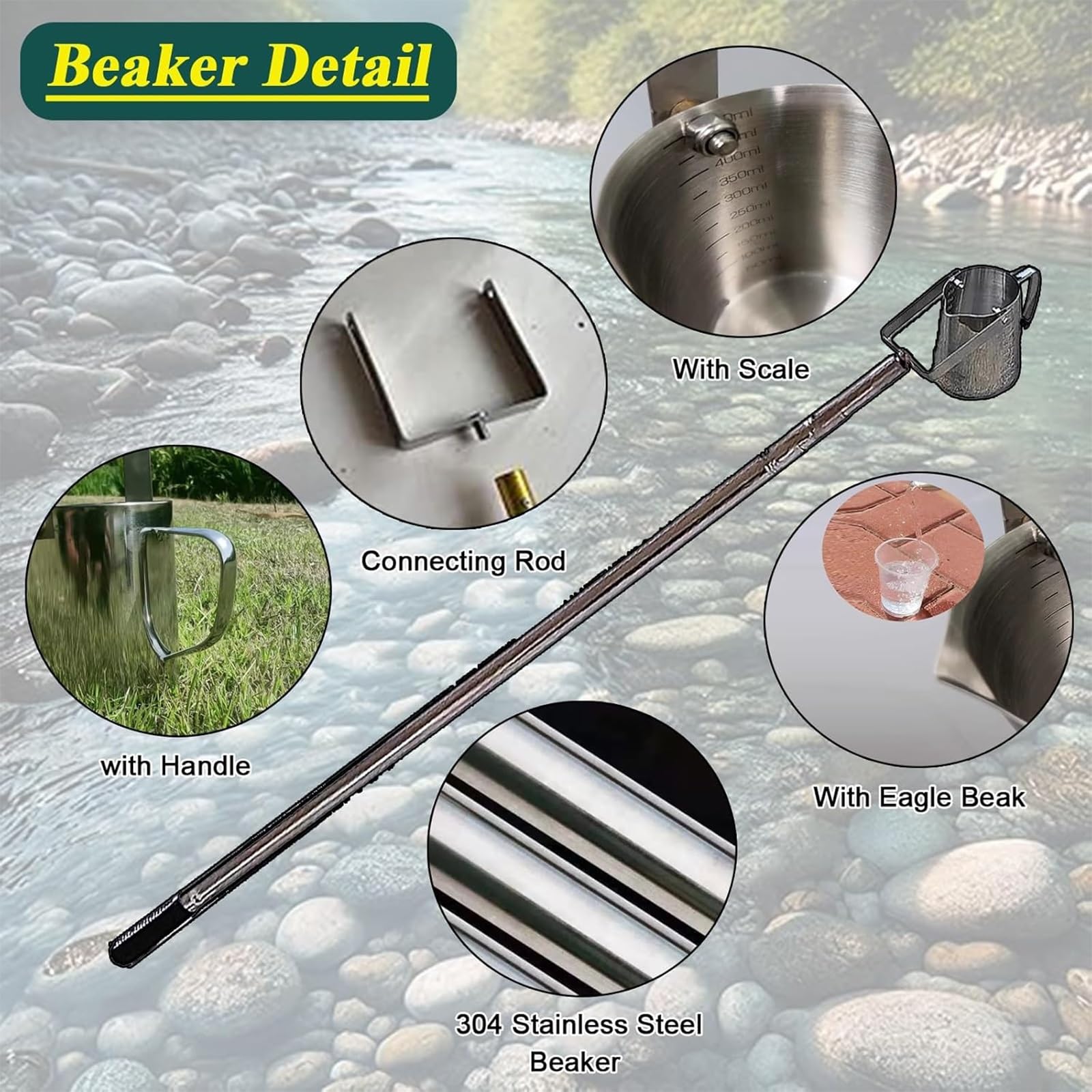 Teles - Campionatore d'acqua in acciaio inossidabile, palo portatile per campionamento di liquidi con beccuccio graduato, tazza a pendolo da 500 ml per stagno, fiume, serbatoio (1-2,5 m)