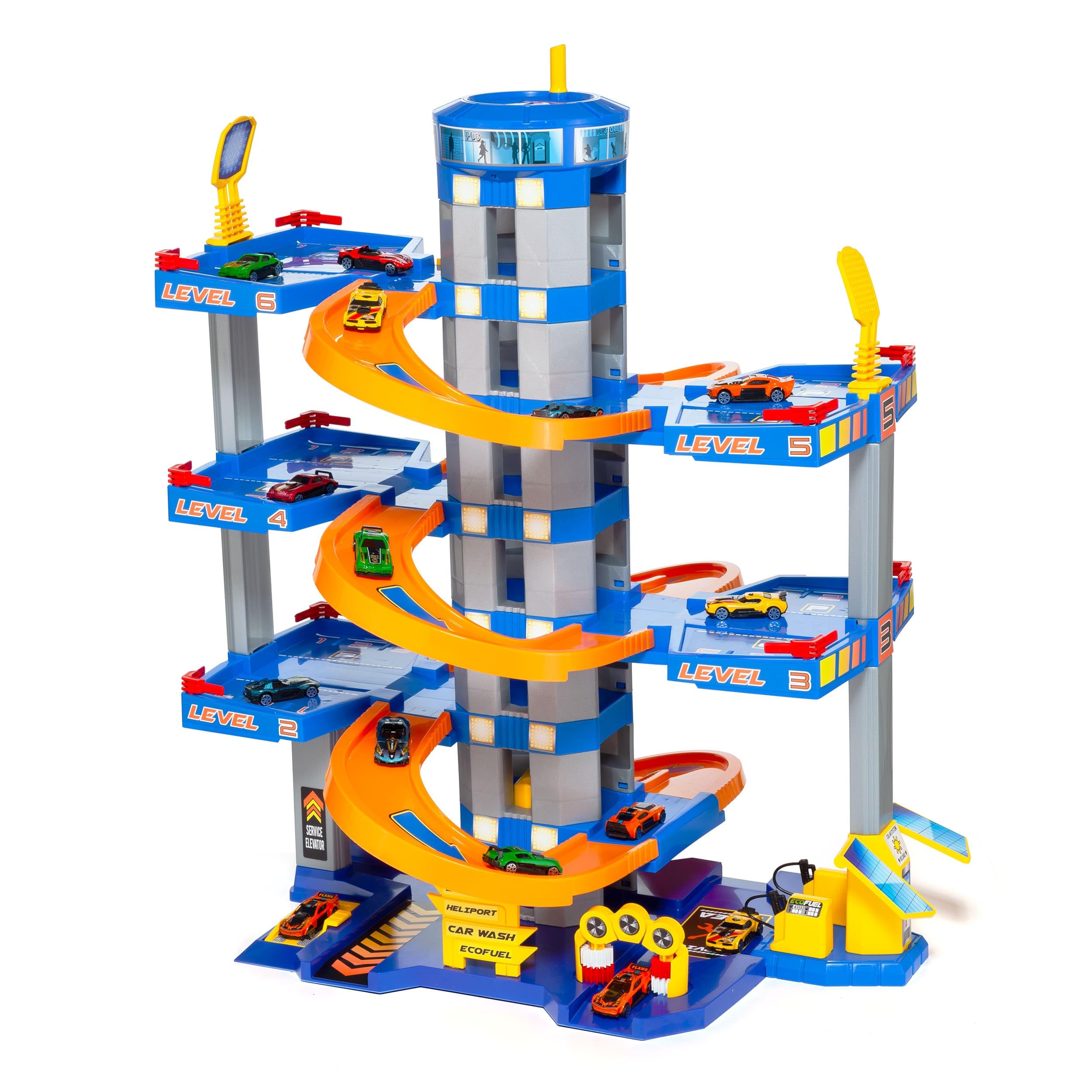 MOLTO Spielzeugparkplatz, 6 Pflanzen, blau, Kindergarage mit Rampen, Aufzug und 10 Autos – Fantasie- und Motorik-Spiel für Kinder ab 3 Jahren