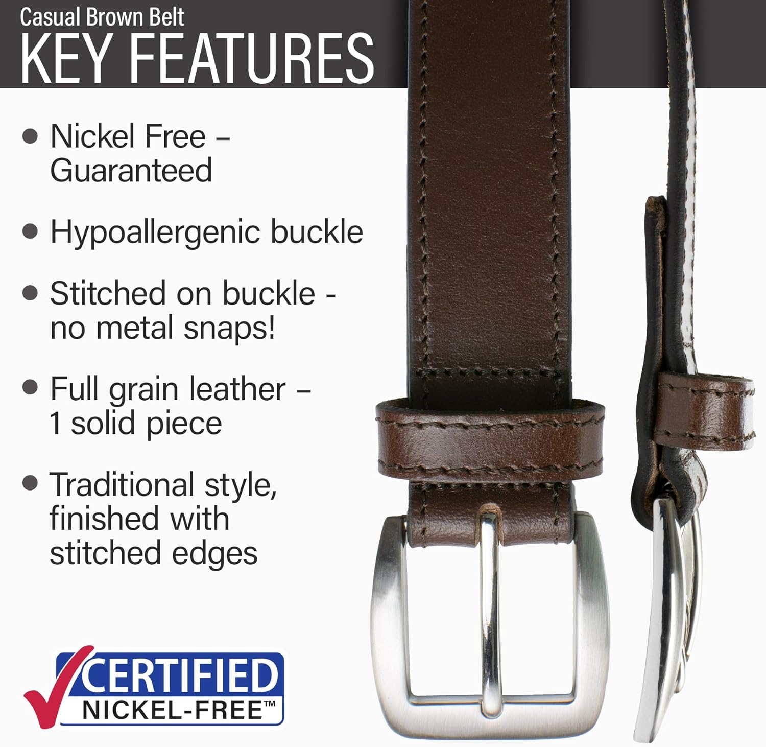 Casual Belt - Genuine Leather, Nickel-Free Buckle, Men's, 32-46 inch