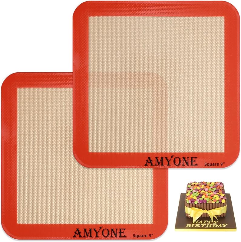 Square Silicone Baking Mats for 9 Inch Baking Pan, Platinum, 2PCS | Food Grade Silicone for 9" Cake/Brownie Pan, for Cake/Bread/Pizza/Pastry/Cookie/Bun/Pie, Nonstick, Easy Clean, Reusable