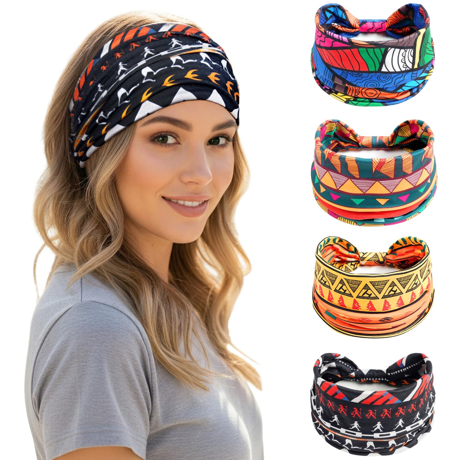 Diademas anchas para mujer, estilo bohemio, para entrenamiento, anudadas, para el cabello africano, antideslizante, para yoga, correr, deportes, accesorios para el cabello, paquete de 4