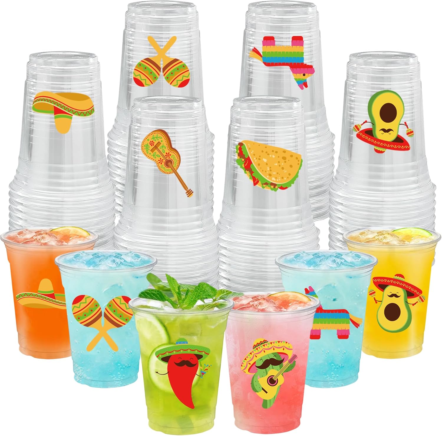 50 Pcs Mexican Fiesta Plastic Cups 16 oz Mexican Party Cups Cinco De Mayo Disposable Cup Clear Drinking Cup Bulk for Taco Birthday Hispanic Heritage Month Party Supplies