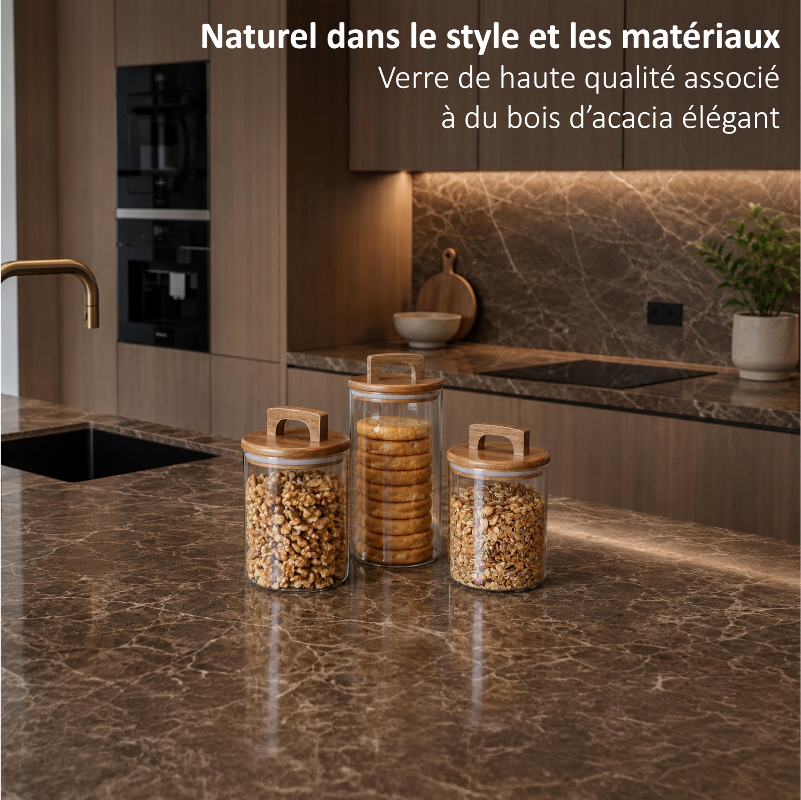 Bocaux en verre avec couvercle en acacia – Lot de 4 bocaux de conservation hermétiques 1000 ml & 1600 ml – Boite de rangement cuisine pour pâtes, riz, café et aliments
