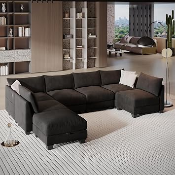 124" Modular Sectional Sofa, Modern Chenille U-Shaped 7 Seater Sectional Sofa with Storage Ottoman & USB Ports, L-Shaped Cloud Couch Black Sectional Couch for Living RoomBlack