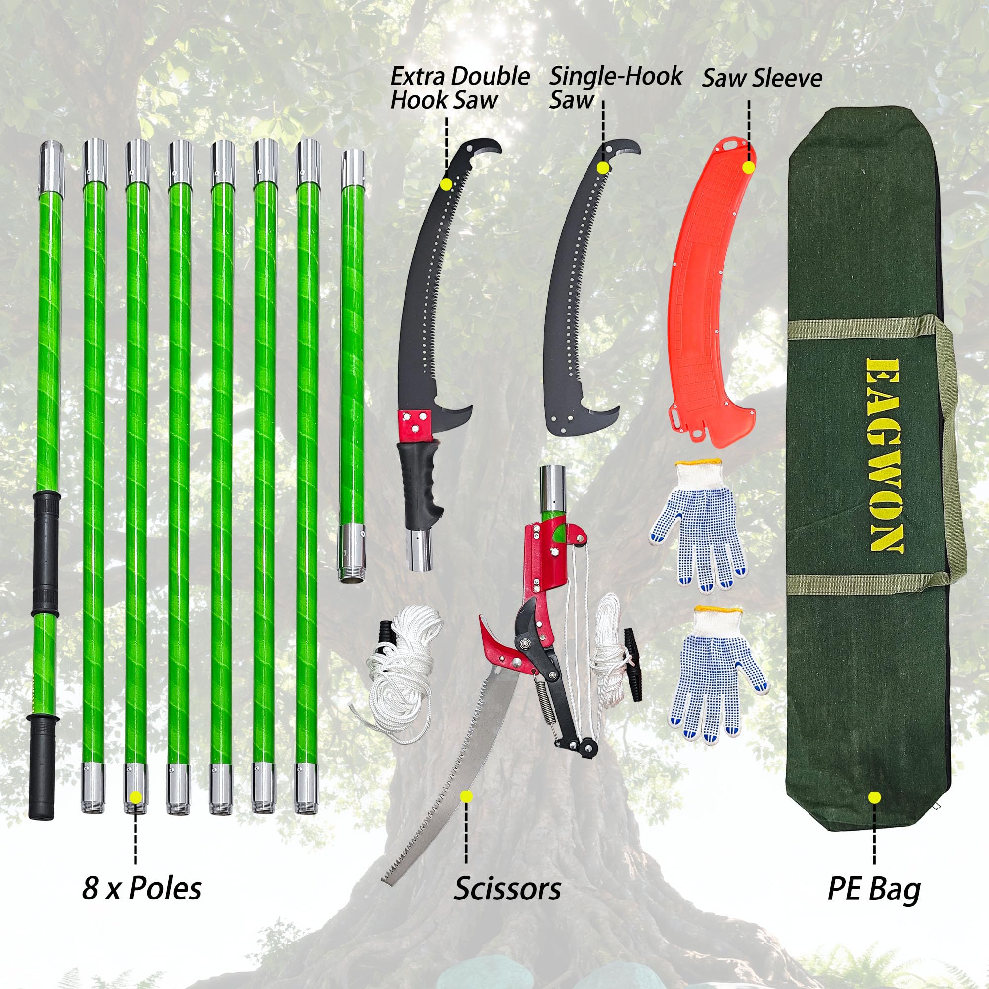 Sierra de poste manual, podadora extensible de 8 a 8 metros, hoja de acero afilada y tijeras para recortar ramas altas, 8 asas ligeras de fibra de vidrio, ideal para podar palma de jardín y