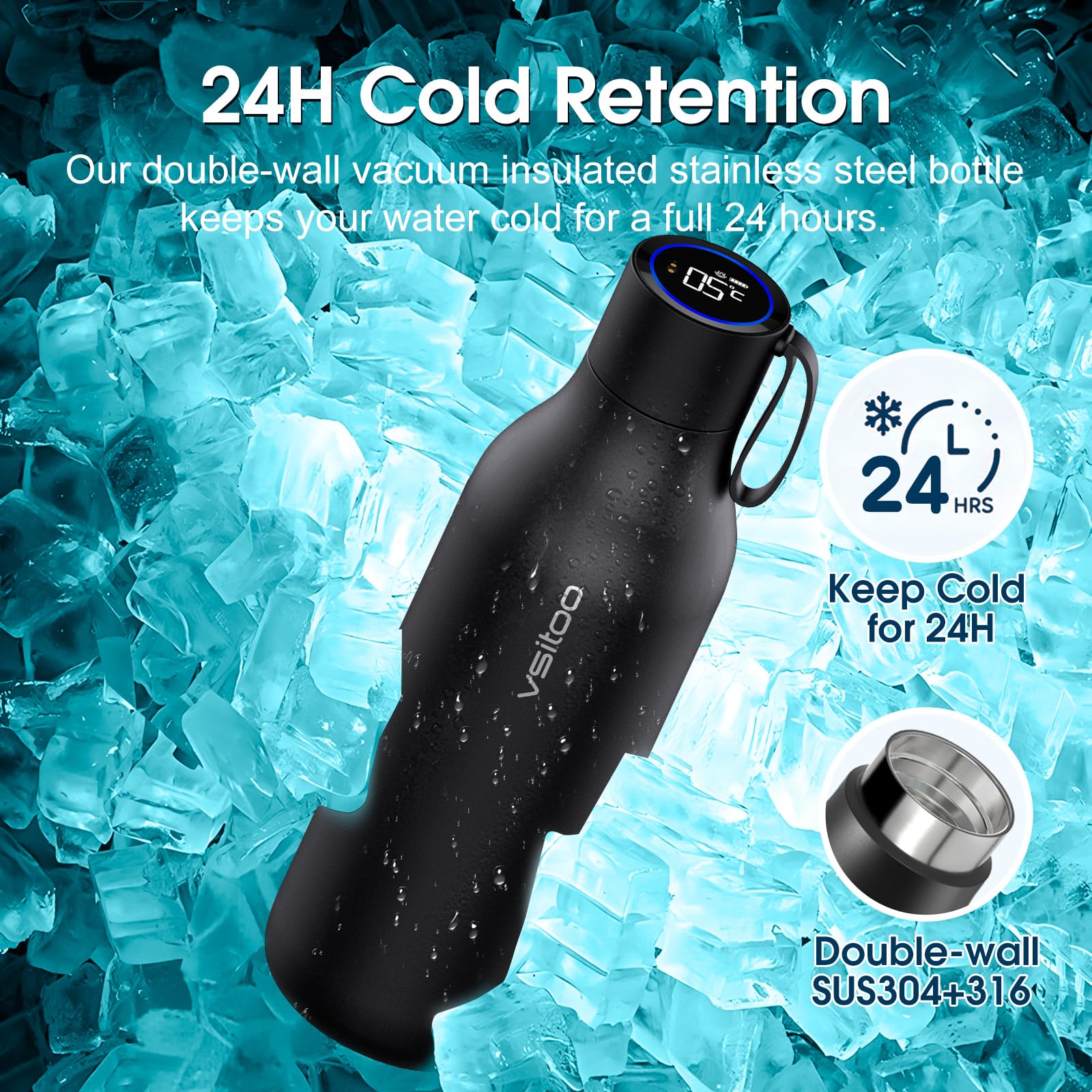 VSITOO 33oz Smart Self-Cleaning Water Bottle，Large Insulated Stainless Steel Bottle with AI Self-Clean, 30-Day Battery & Magnetic Charging for Outdoor Travel, Gym or Office, Black