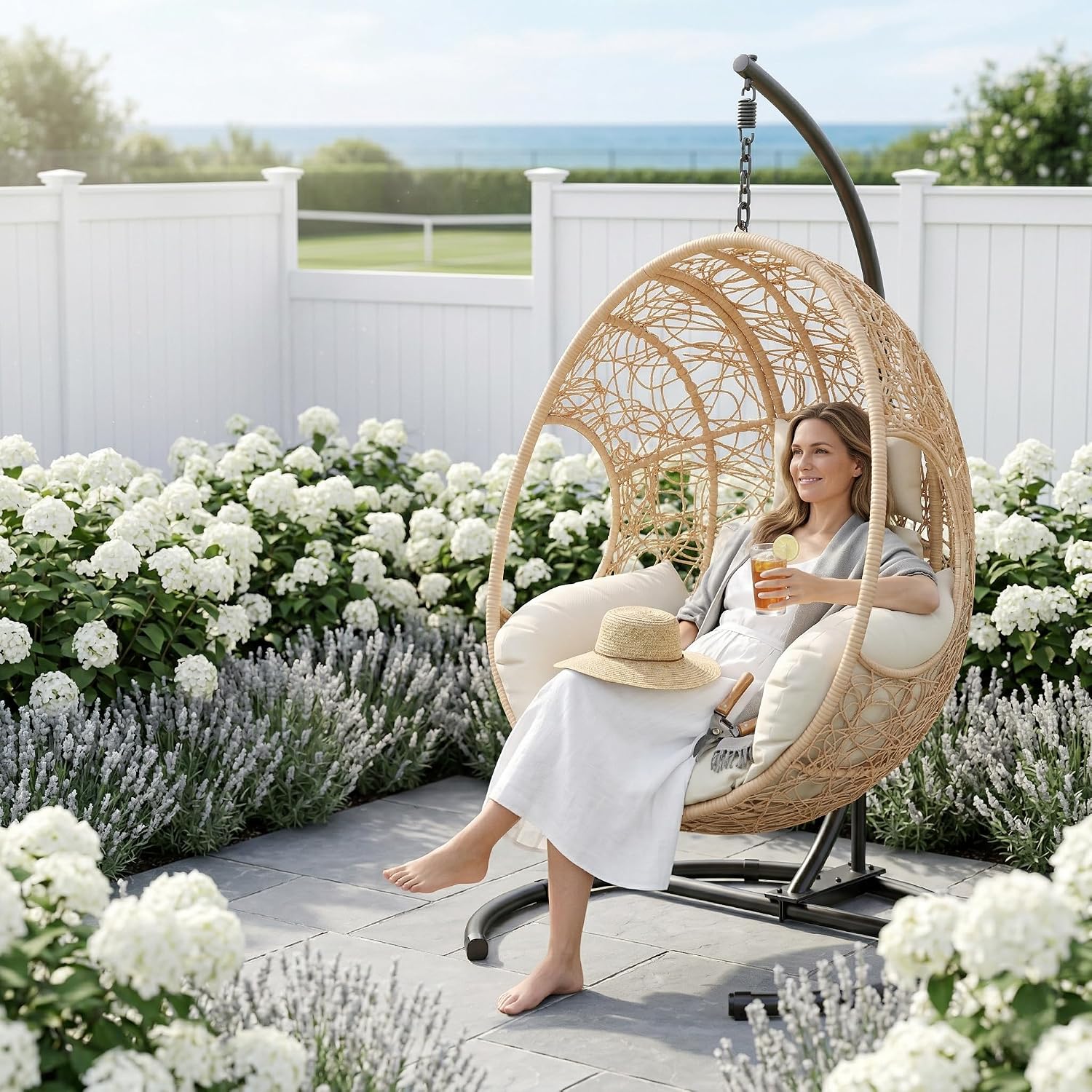 KEIKI Hanging Egg Chair with Stand Outdoor, 400LBS Capacity Patio Swing Chair with Cushion, Weatherproof PE Rattan Hammock Chair for Bedroom Balcony Garden, Waterproof Cover Included, Natural