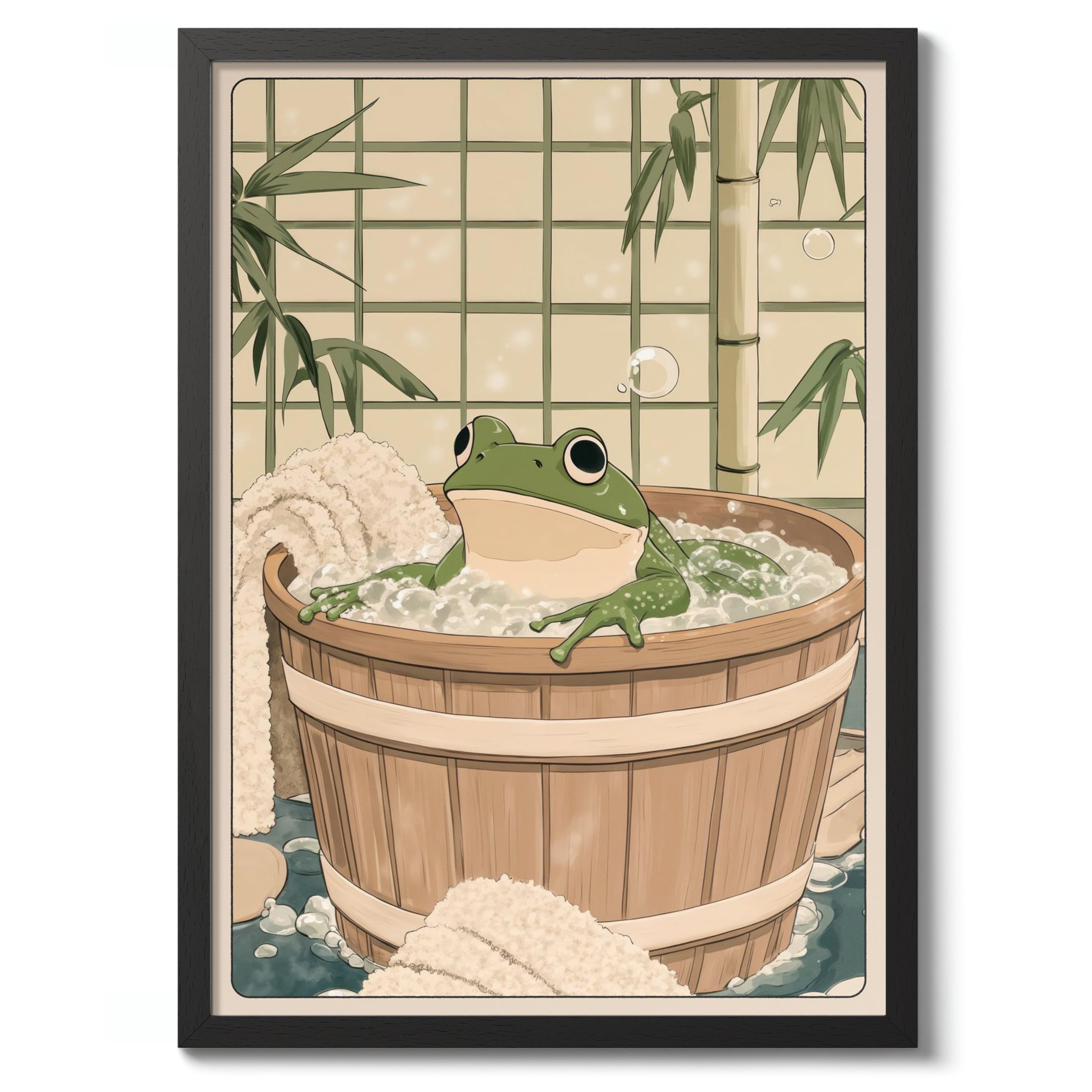 Frog In Bathtub Anime Animal Poster, Funny Bathroom Wall Art Print, Manga, Bathroom Wall Art, Toilet Decor, A5 (Black Frame) - 24.1x17.9cm — image 1