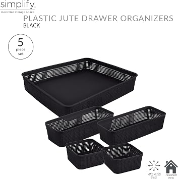 Simplify 5 Piece Organizing Set | Multiple Size Bins | Multipurpose | Office | Desk | Dorm | Bathroom | Storage Basket | Small Items | Accessories | Black