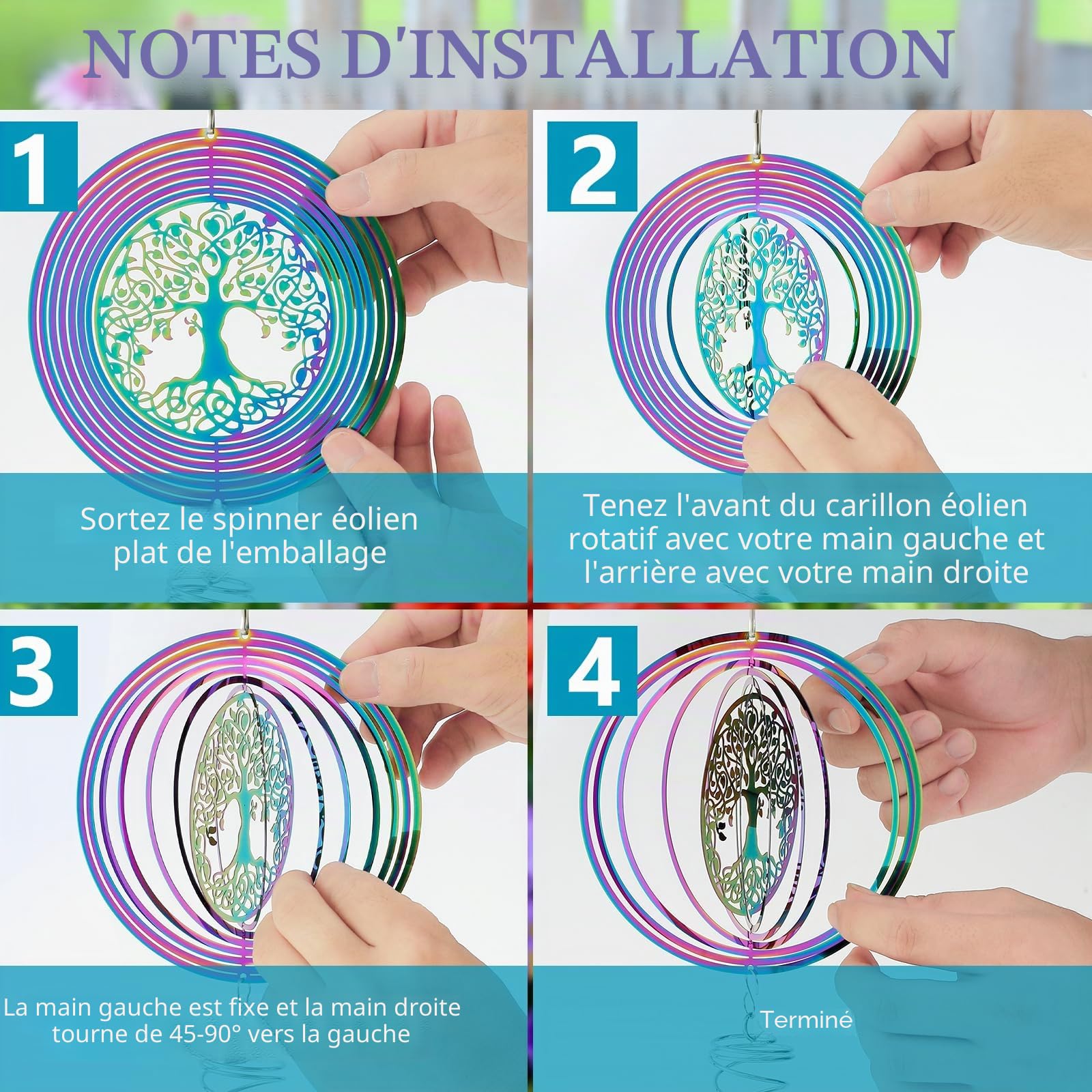 Éolienne à suspendre en acier inoxydable, carillon rotatif 3D, arbre de vie à suspendre avec queue en spirale, décoration d'extérieur en métal à suspendre pour jardin, terrasse