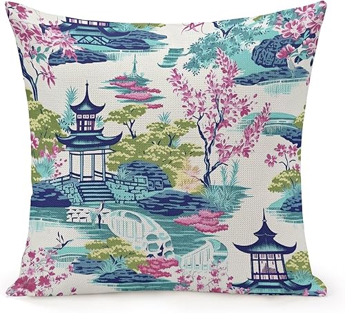Fundas de almohada de granja de 26 x 26 pulgadas, color blanco, coral, azul marino, asiático, chinoiserie pagoda, fundas de almohada decorativas