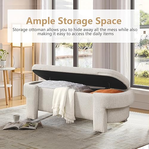Miniatura 12 de Banco otomano ovalado de almacenamiento para dormitorio, de 51.5 pulgadas de largo, banco de entrada tapizado de felpilla con patas giratorias,
