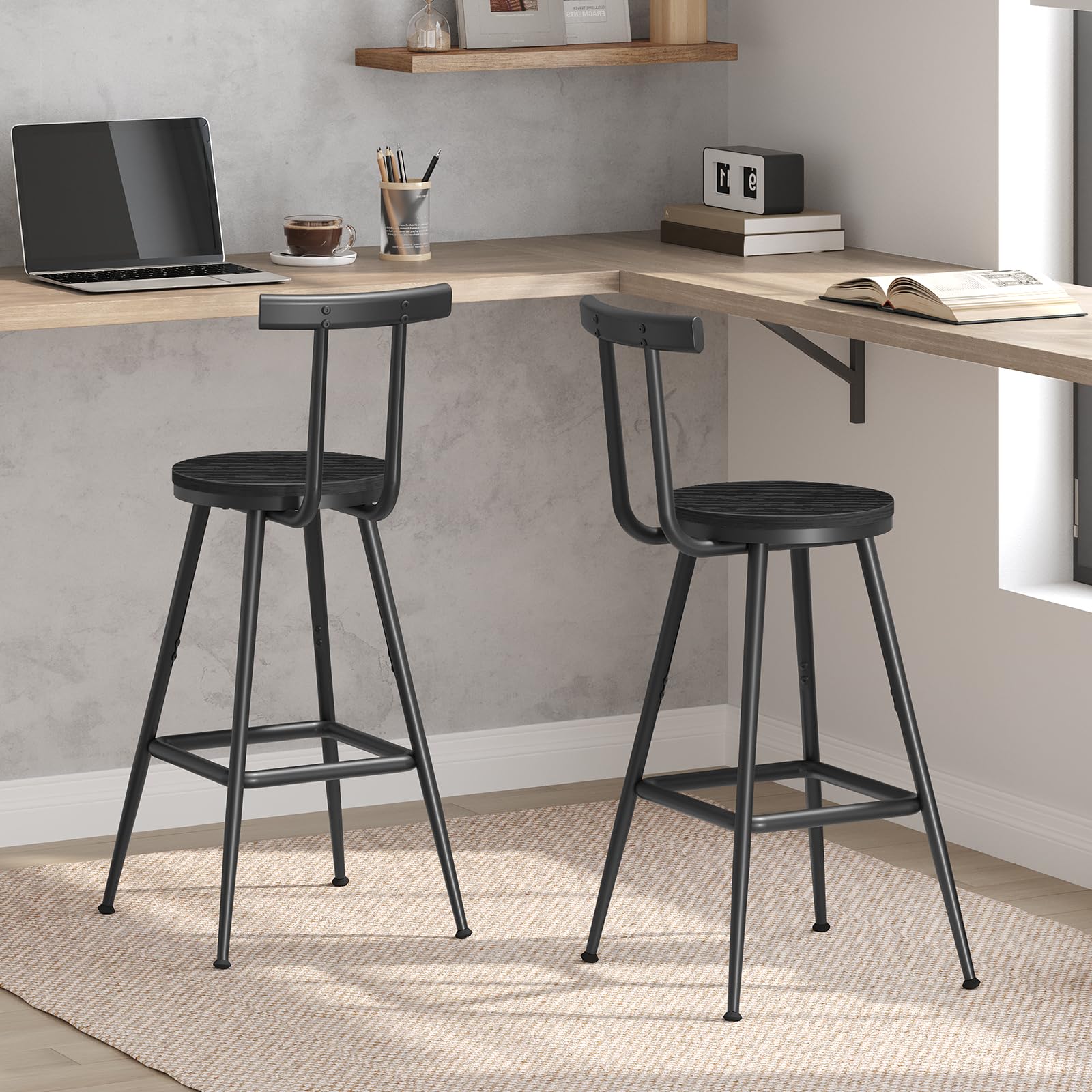 MAHANCRIS Juego de 2 Taburetes con Respaldos, Sillas Altas de Cocina, Estructura de Metal, Pies Ajustables, Fácil Montaje, para Cocina, Salón, Bar, Negro BAHB6001