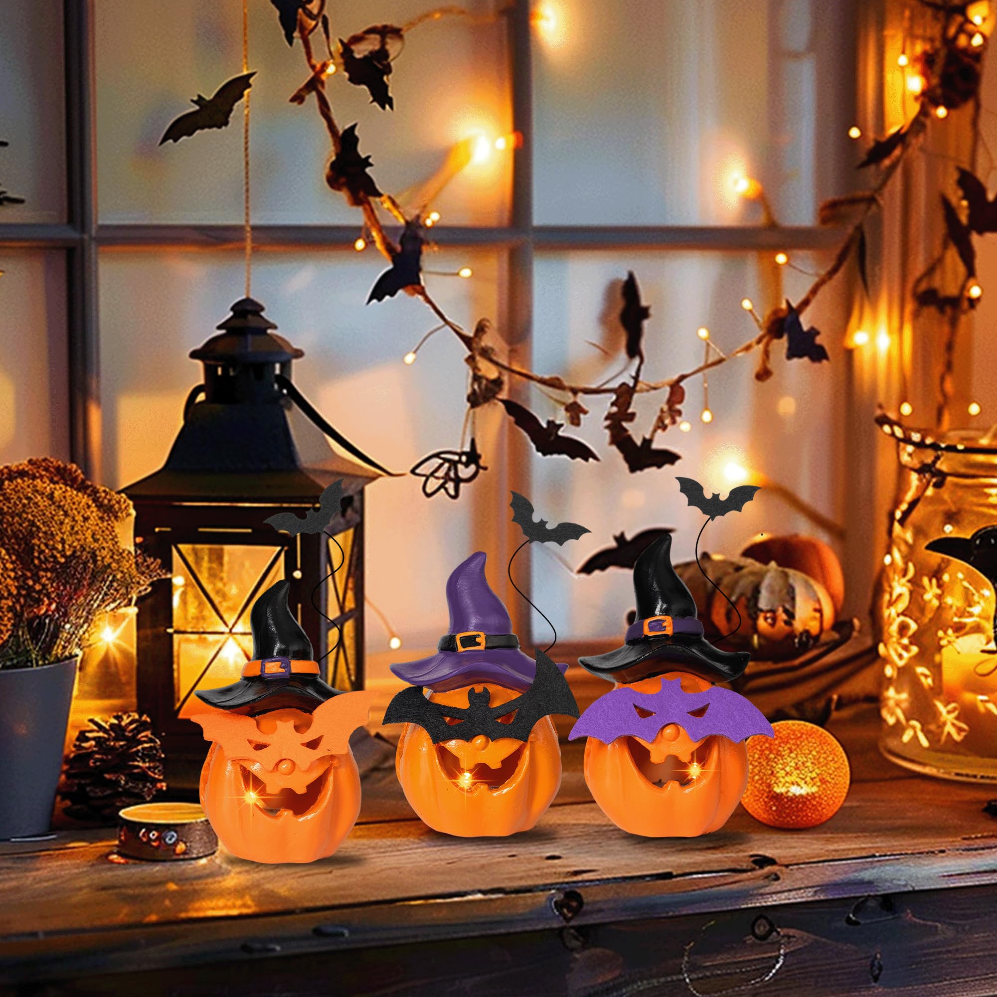 NEROSUN 3 Pack Halloween Light Up Jack O Lantern Decorations, Battery Operated Lighted Pumpkin with Spooky Face, Resin Table Ornaments for House Party Decor