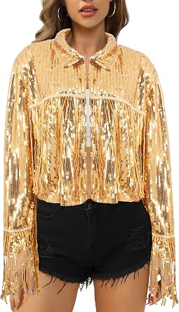 Women Sparkly Sequin Fringe Jacket Shiny Disco Cowgirl Jacket Glitter Coat Y2K 90s Streetwear