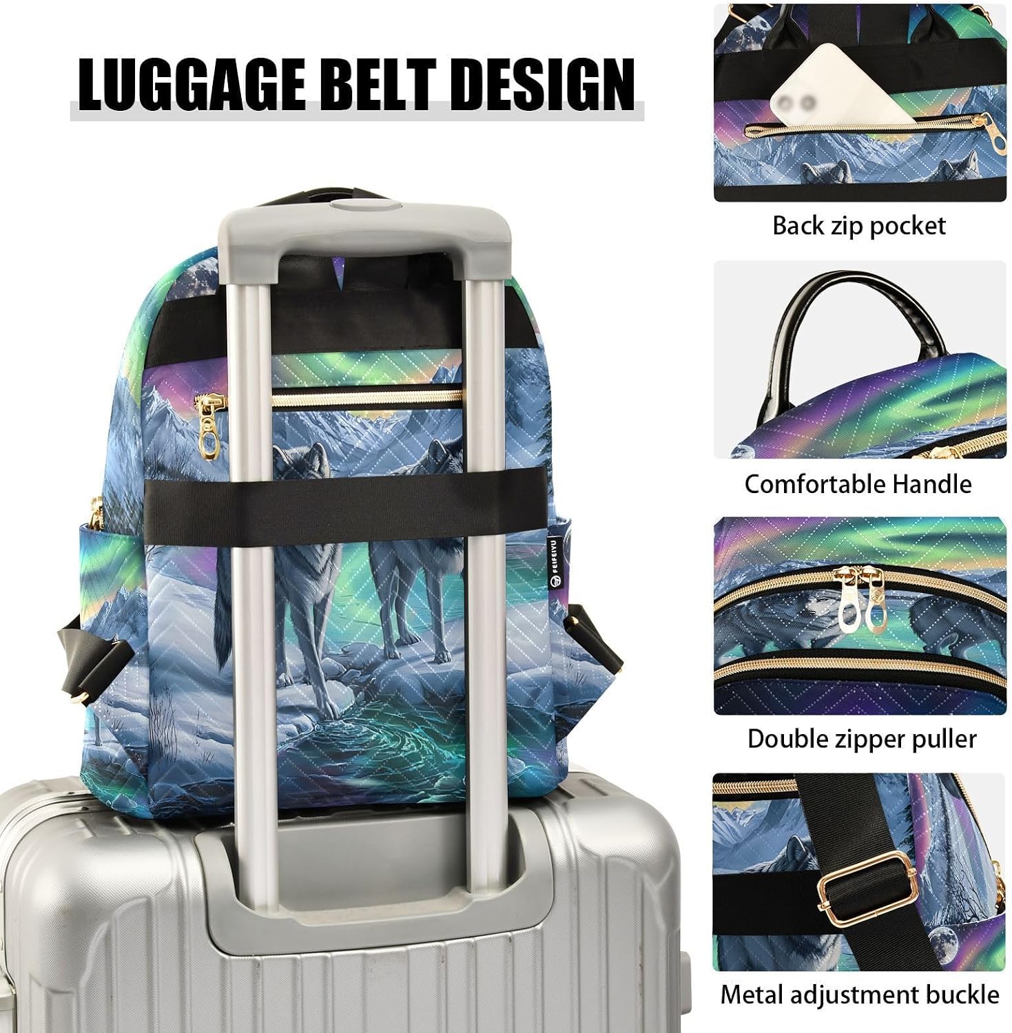 Aurora Wolf Moon Sky Backpack Purse for Women Shoulder Bag Fashion Daypack Ladies Handbag Lightweight Travel Bag Rucksack